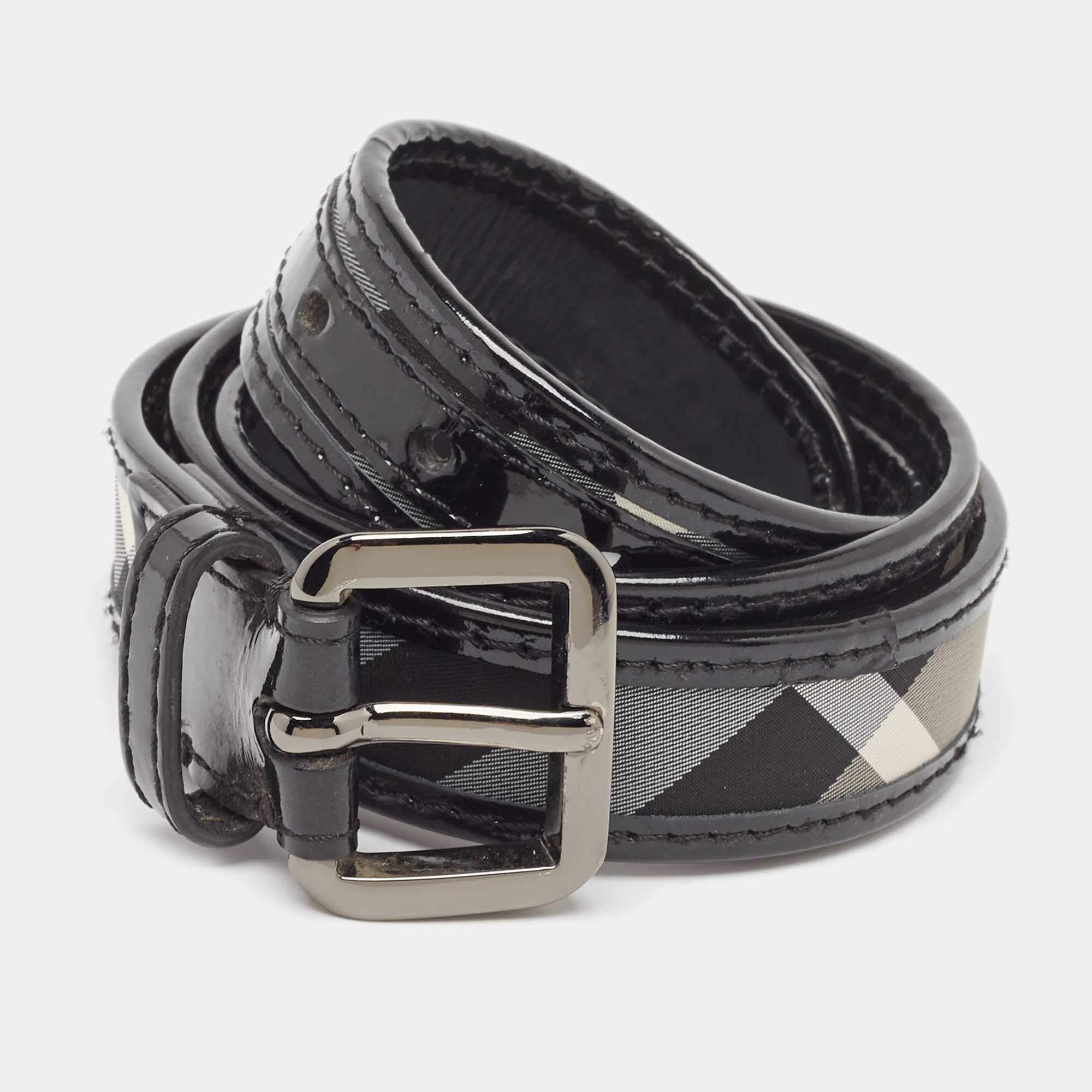 Pre Owned Burberry Black Smoked Check Fabric and Patent Leather Buckle Belt 90CM