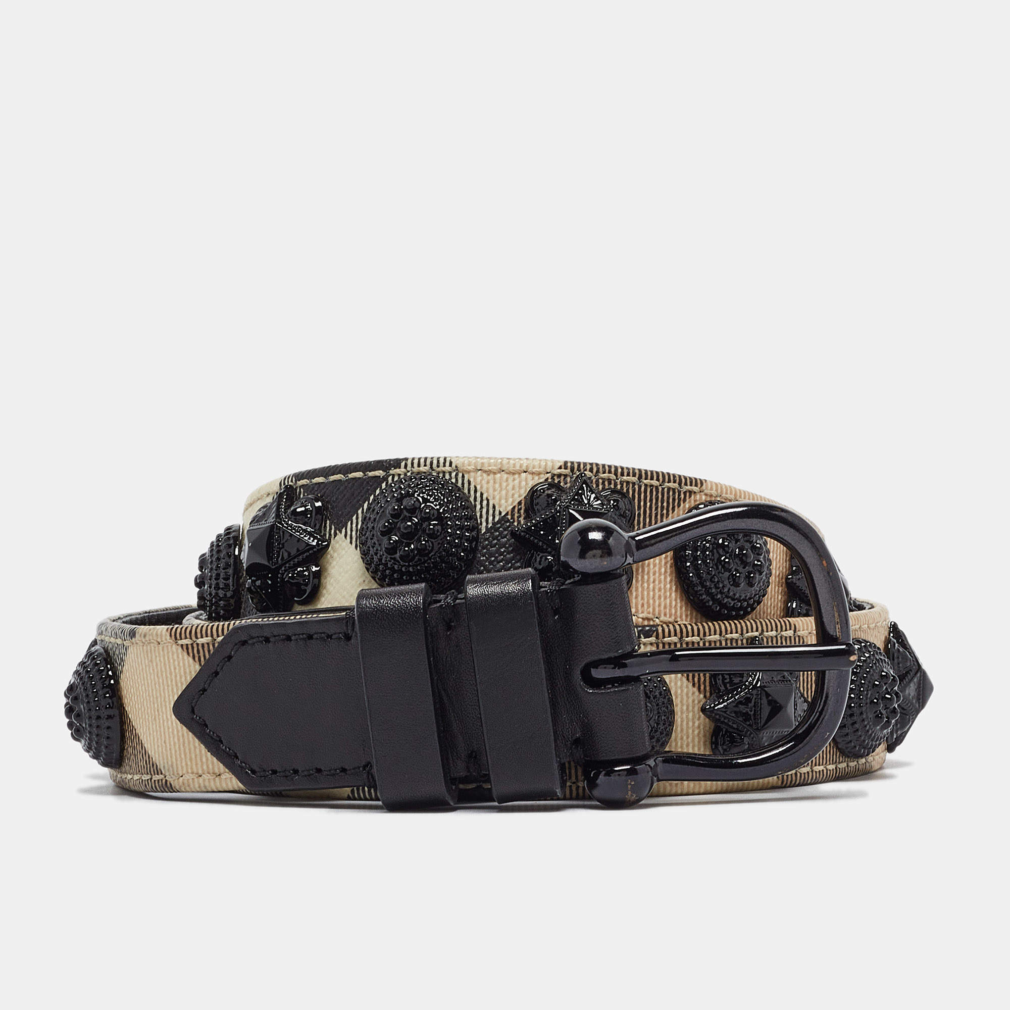 Pre Owned Burberry Beige/Black Supernova Check Coated Canvas and Leather Embellished Buckle Belt 100 CM