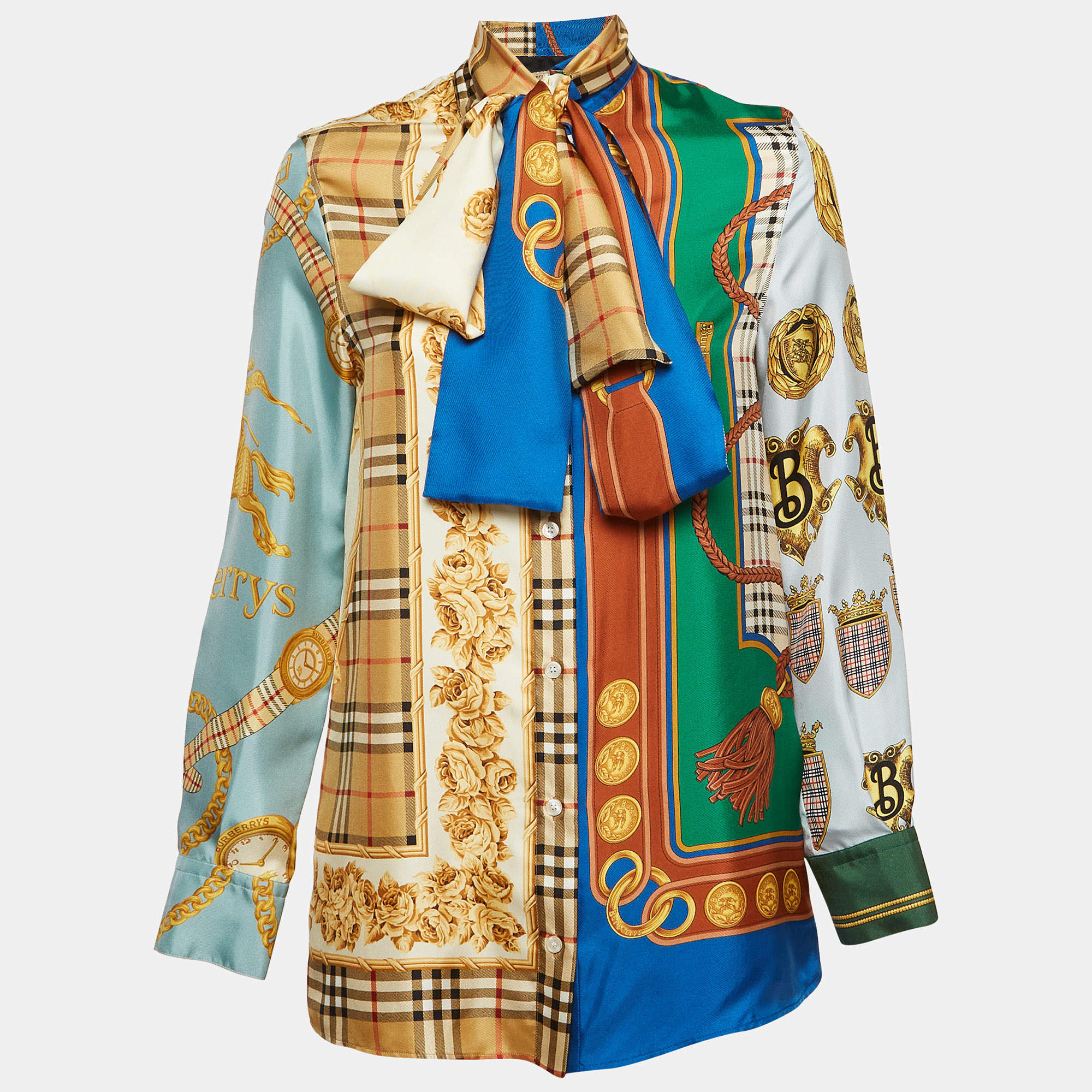 Pre Owned Burberry Multicolor Archive Scarf Print Silk Tie-Neck Shirt S