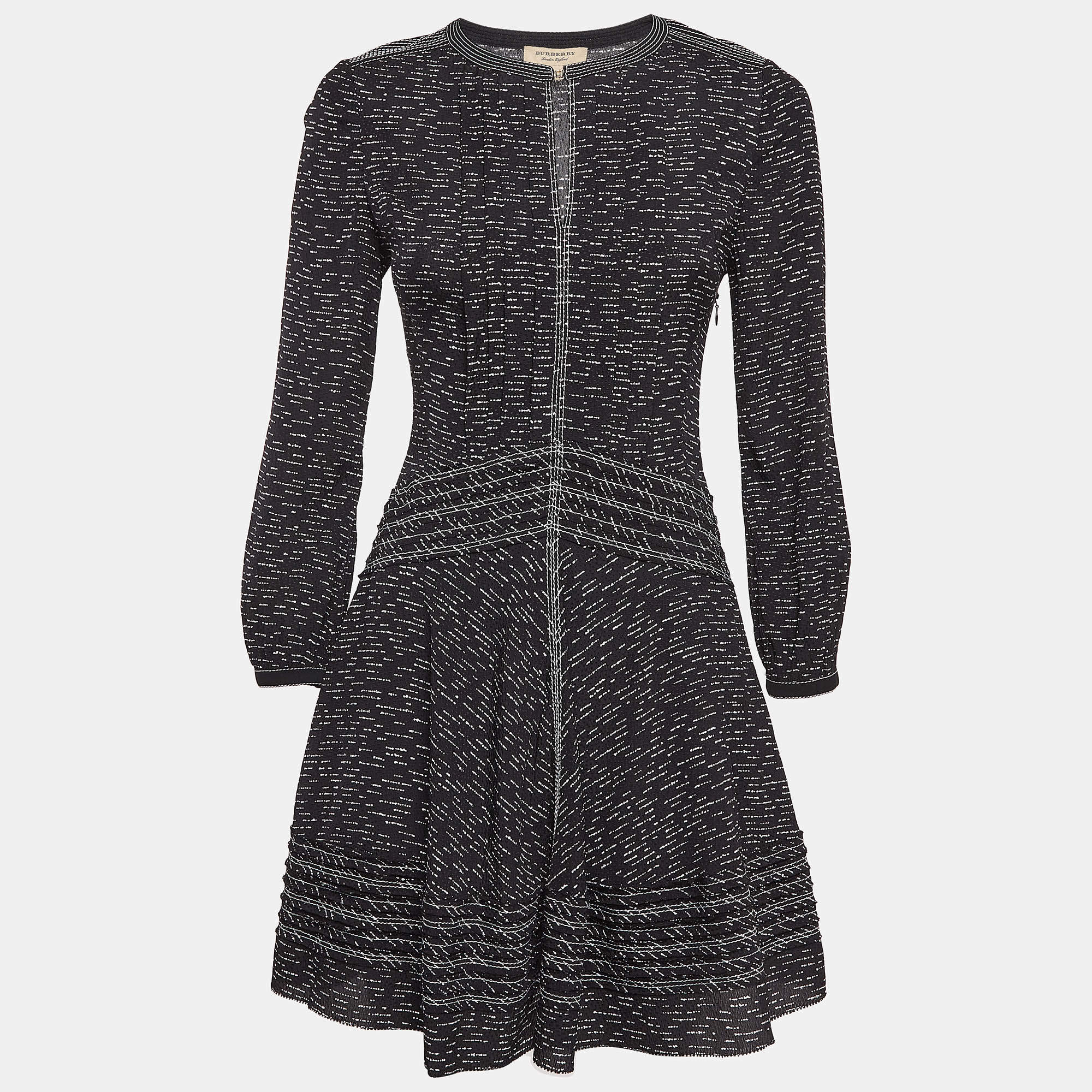 Pre Owned Burberry Black Patterned Silk Flared Midi Dress XS