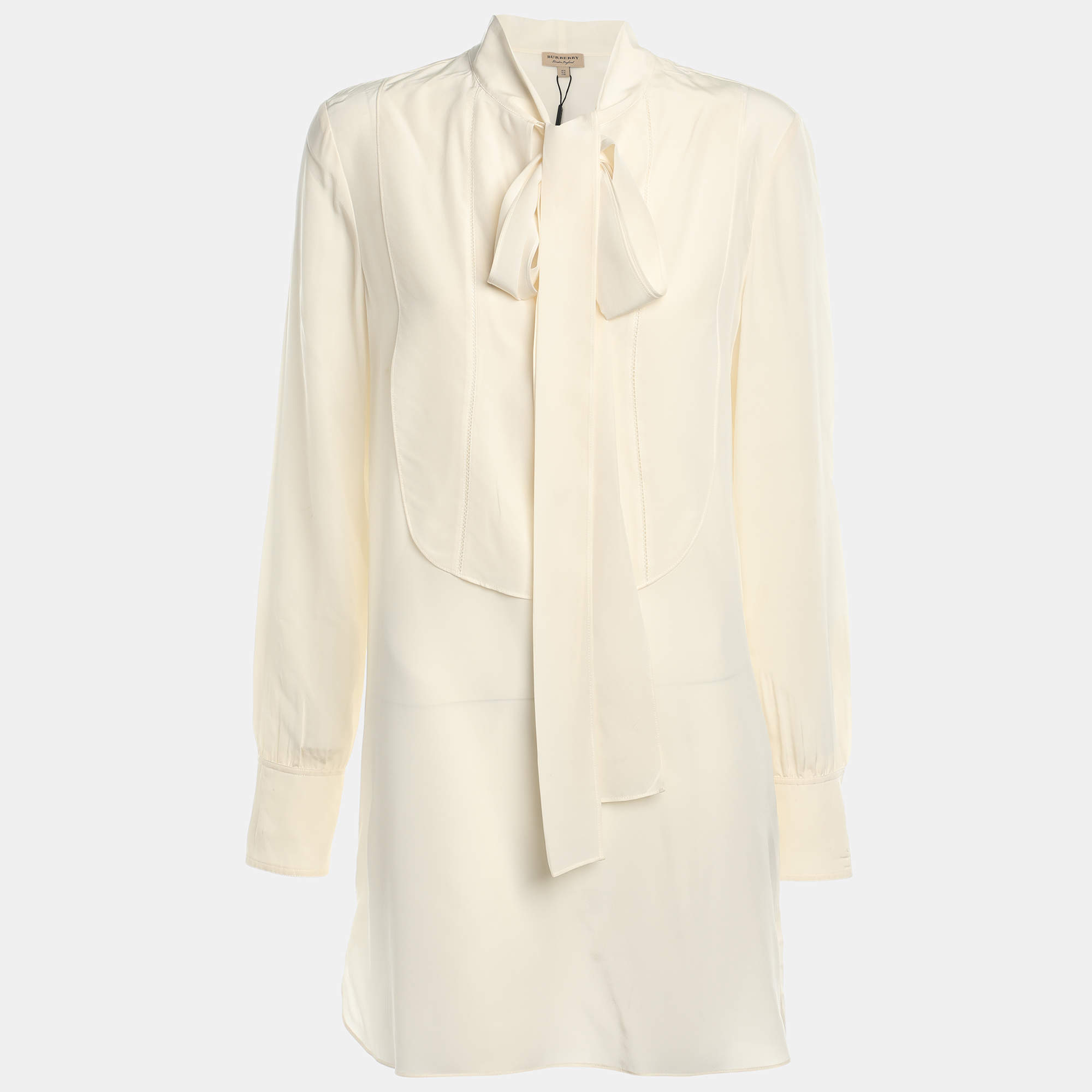 Pre Owned Burberry Cream Silk Neck Tie Long Sleeves Top S