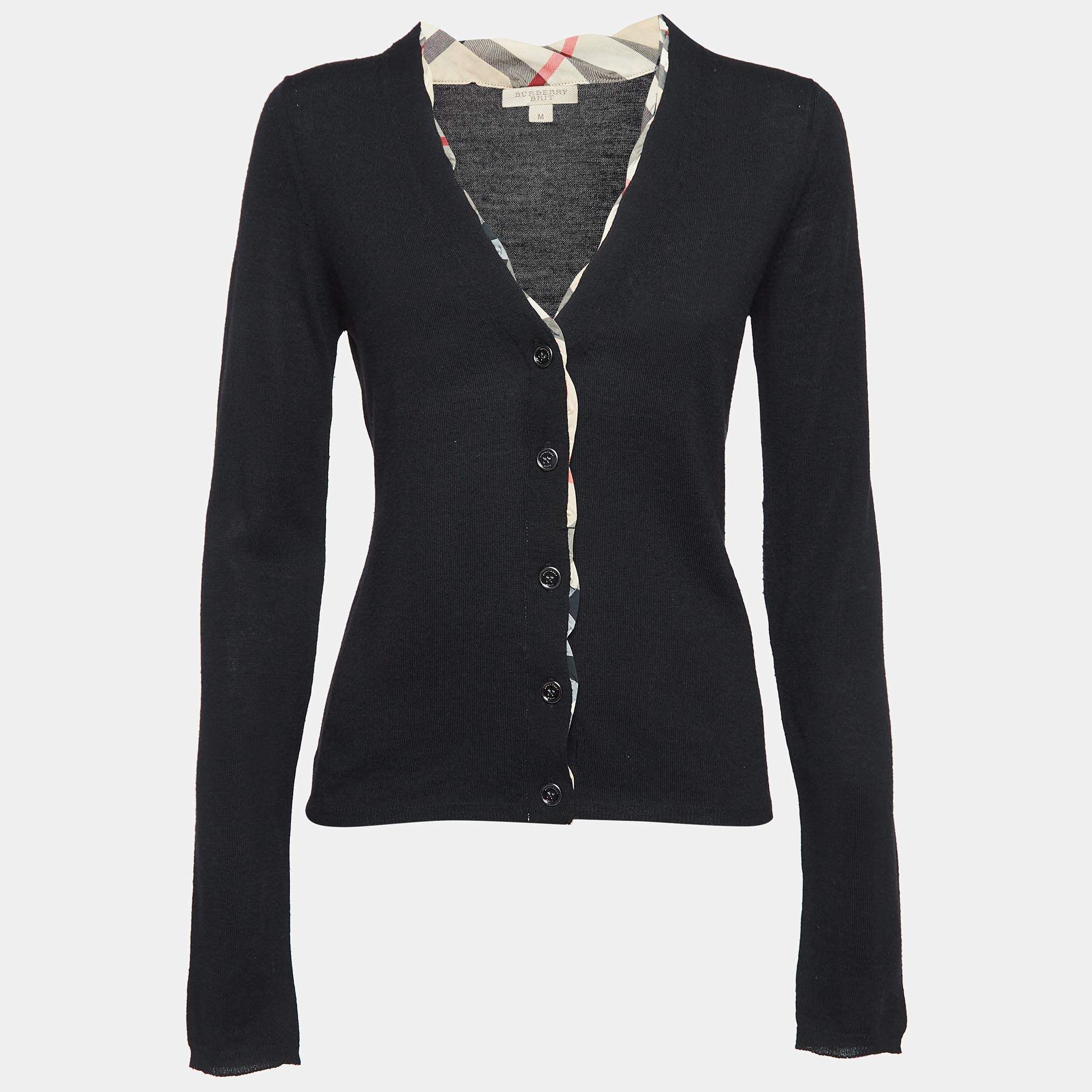 Pre Owned Burberry Black Wool Knit Button Front Cardigan M