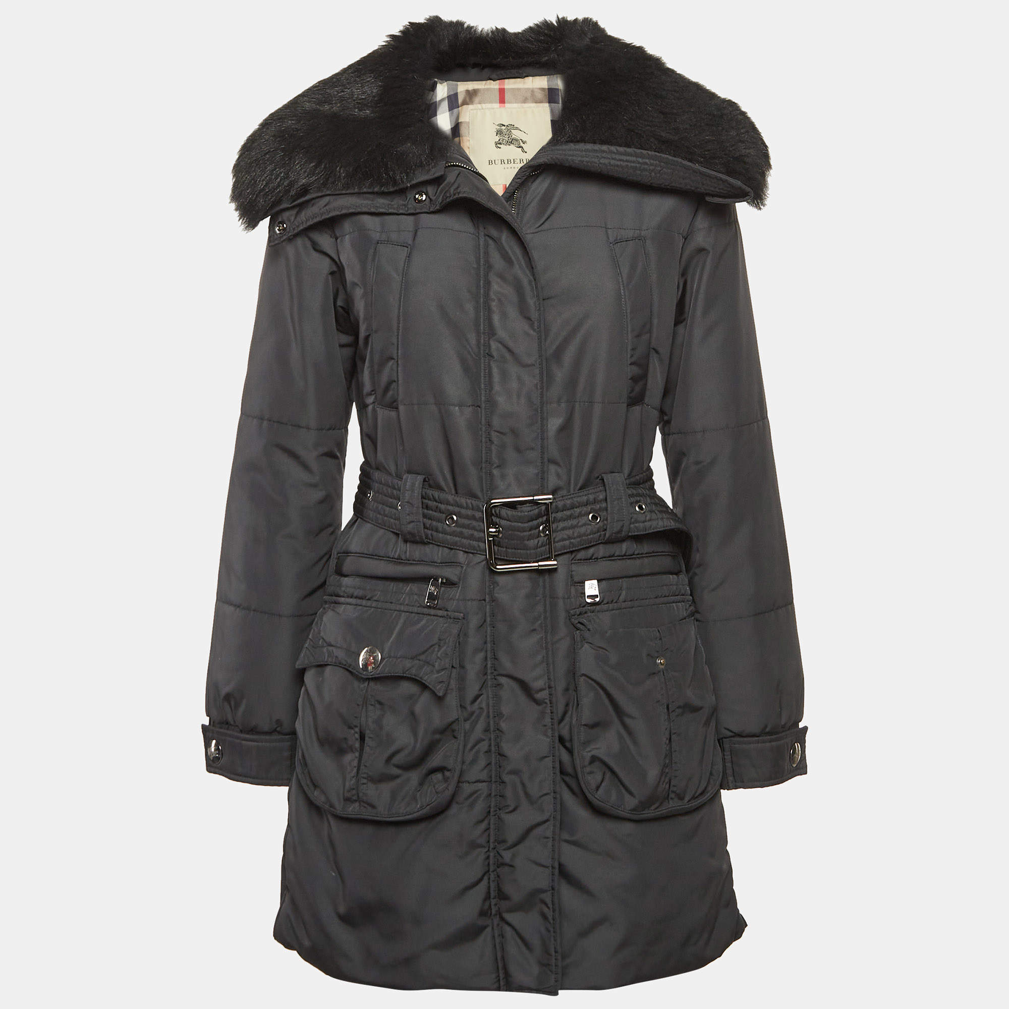 Pre Owned Burberry London Black Synthetic Fur Collar Trench Coat S