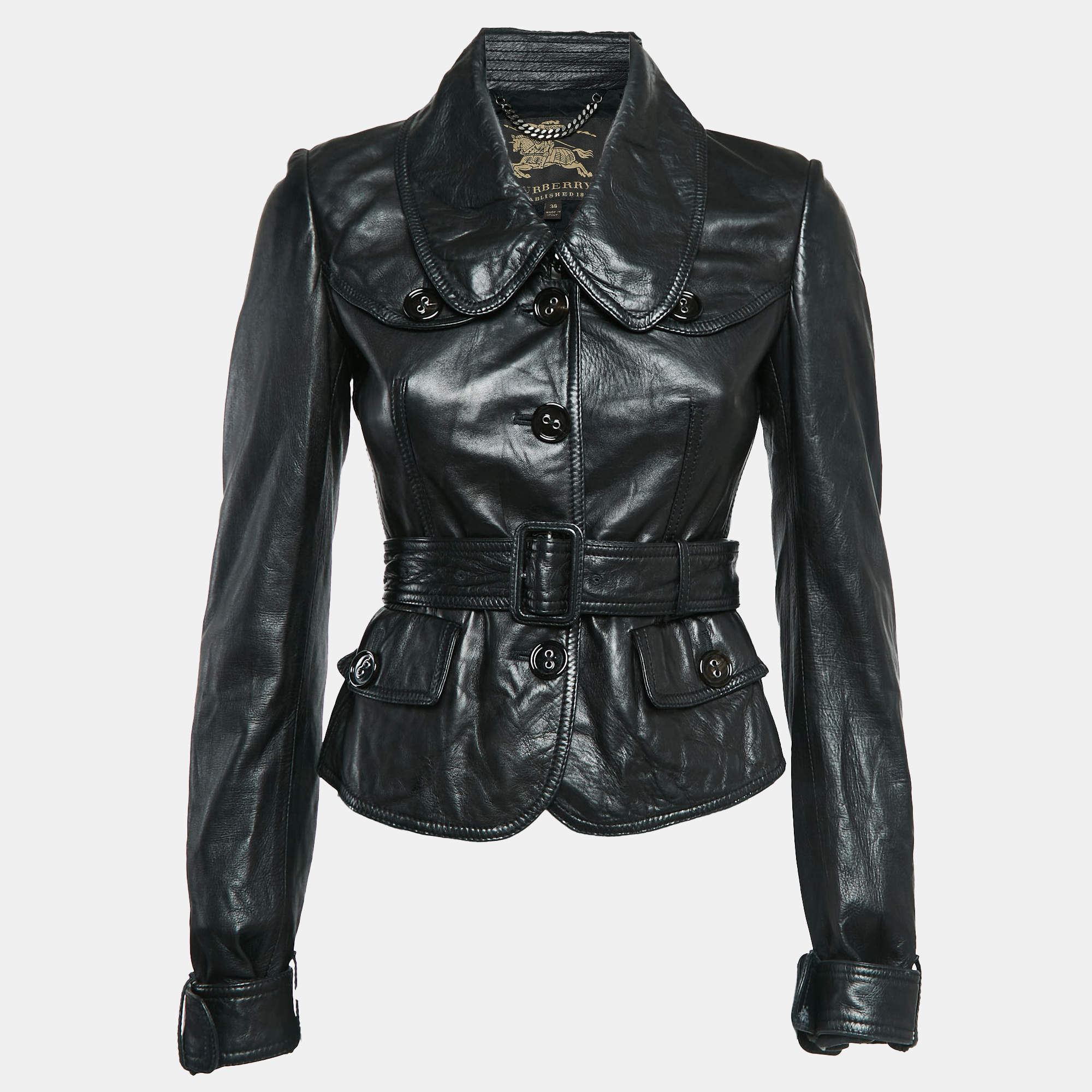 Burberry Black Leather Belted Button Front Jacket S