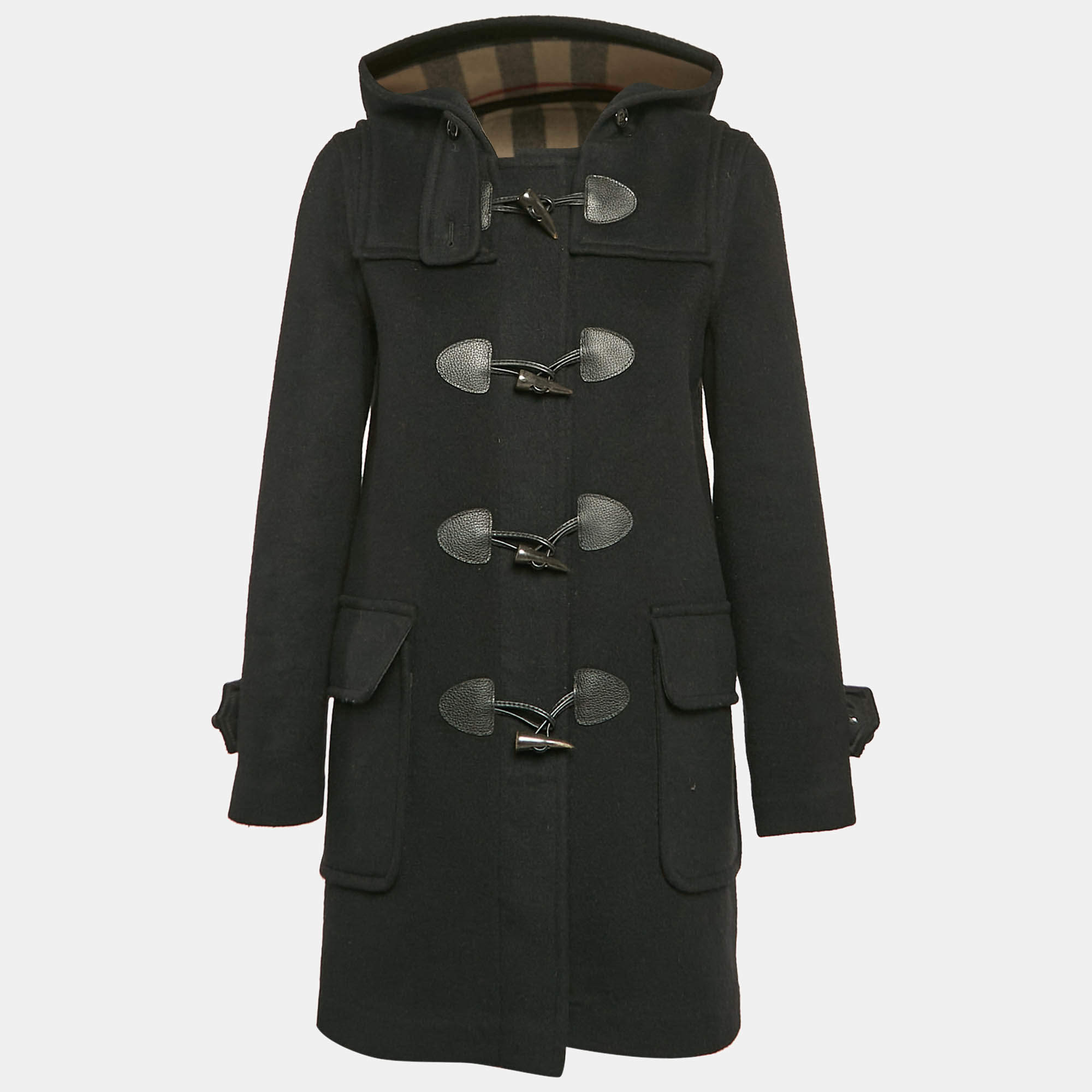 Burberry Black Wool Button Front Hooded Duffle Coat S