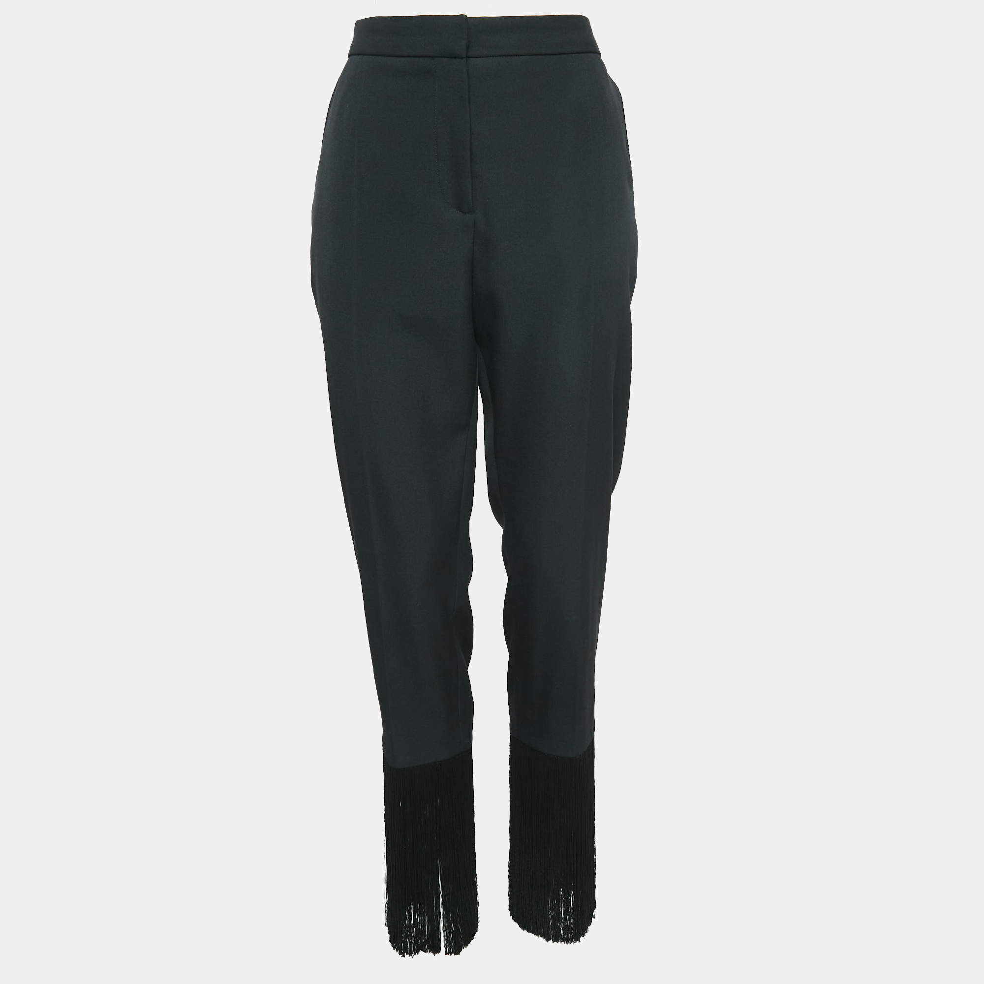 Burberry Black Virgin Wool Fringed Slim Leg Pants M