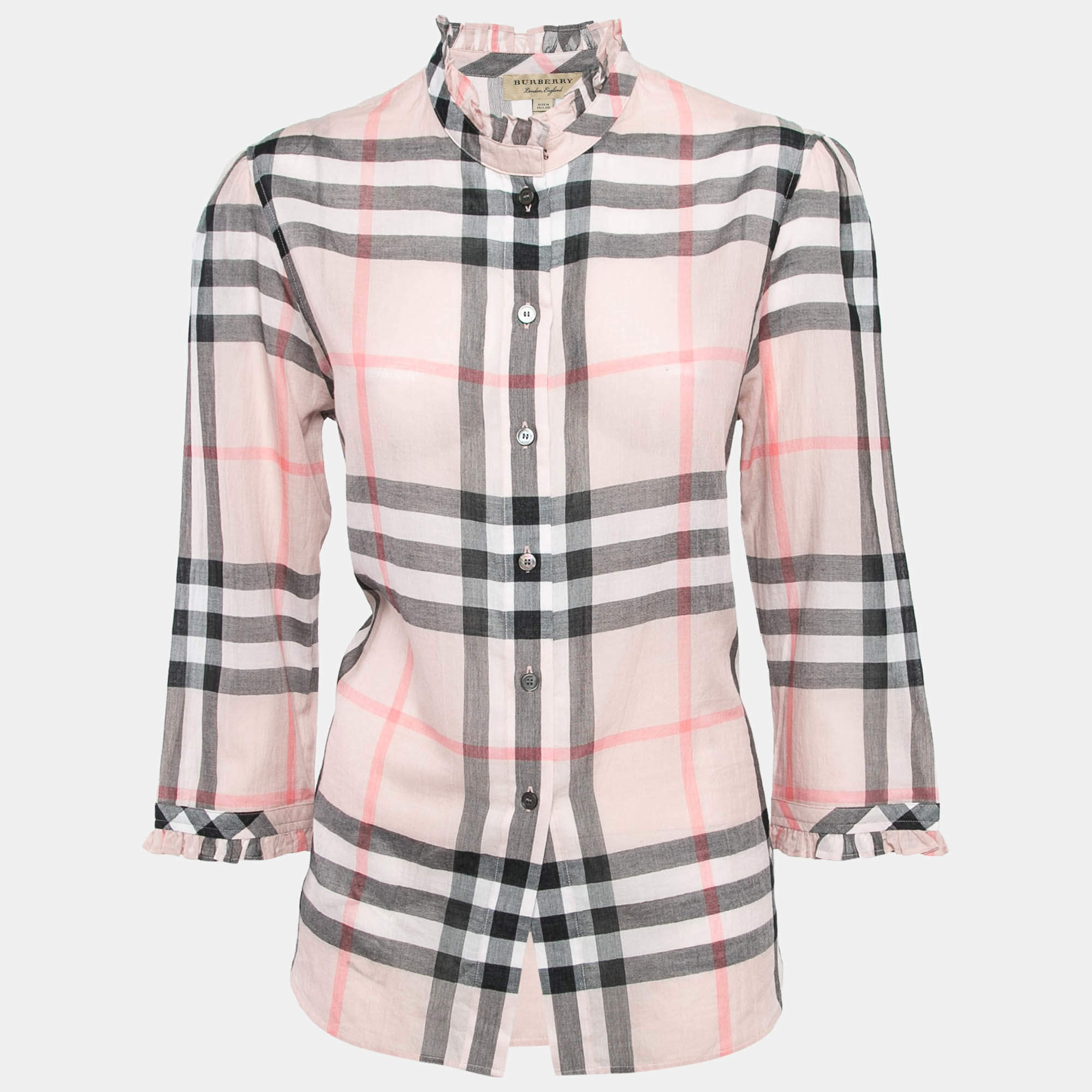 Pre Owned Burberry Pink Plaid Cotton Puff Sleeves Ruffled Button Front Top S