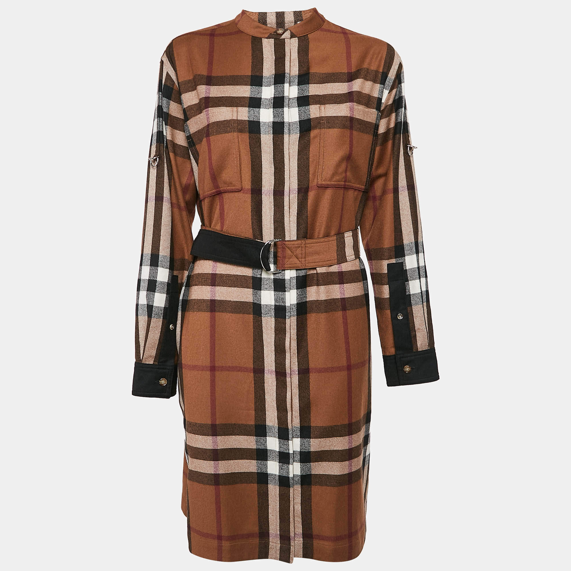 Pre Owned Burberry Brown Plaid Wool Belted Shirt Dress M