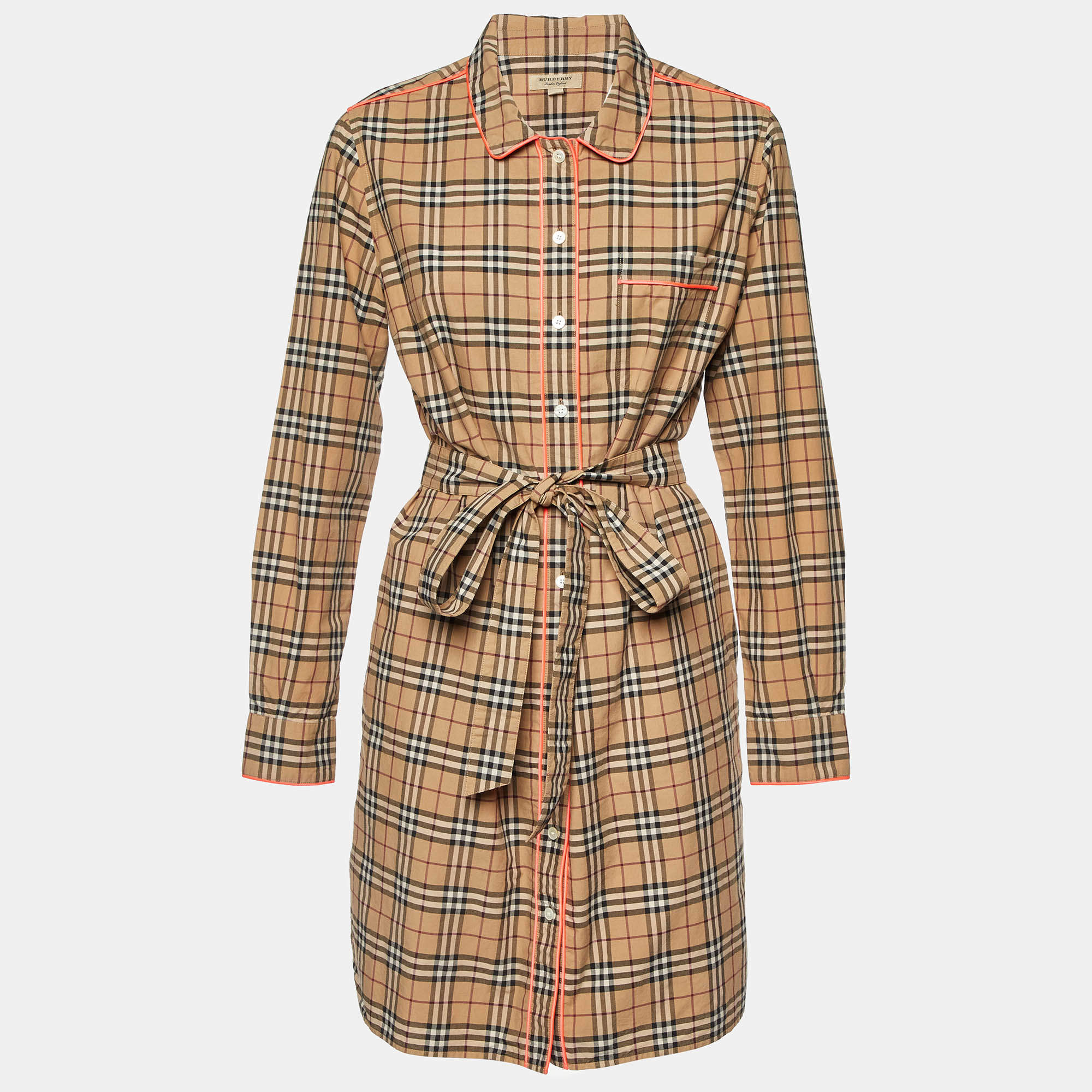 Pre Owned Burberry Beige Plaid Cotton Contrast Trimmed Mini Shirt Dress M