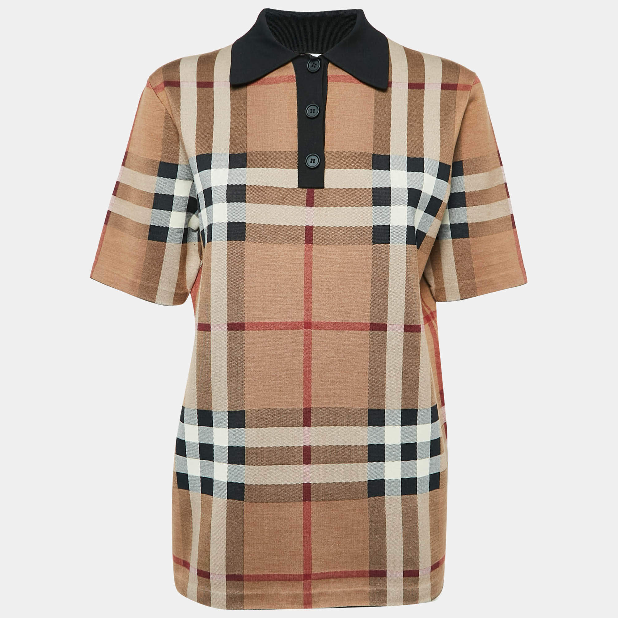 مملوكة مسبقًا Burberry Beige Plaid Jersey Short Sleeve Polo T-Shirt XS