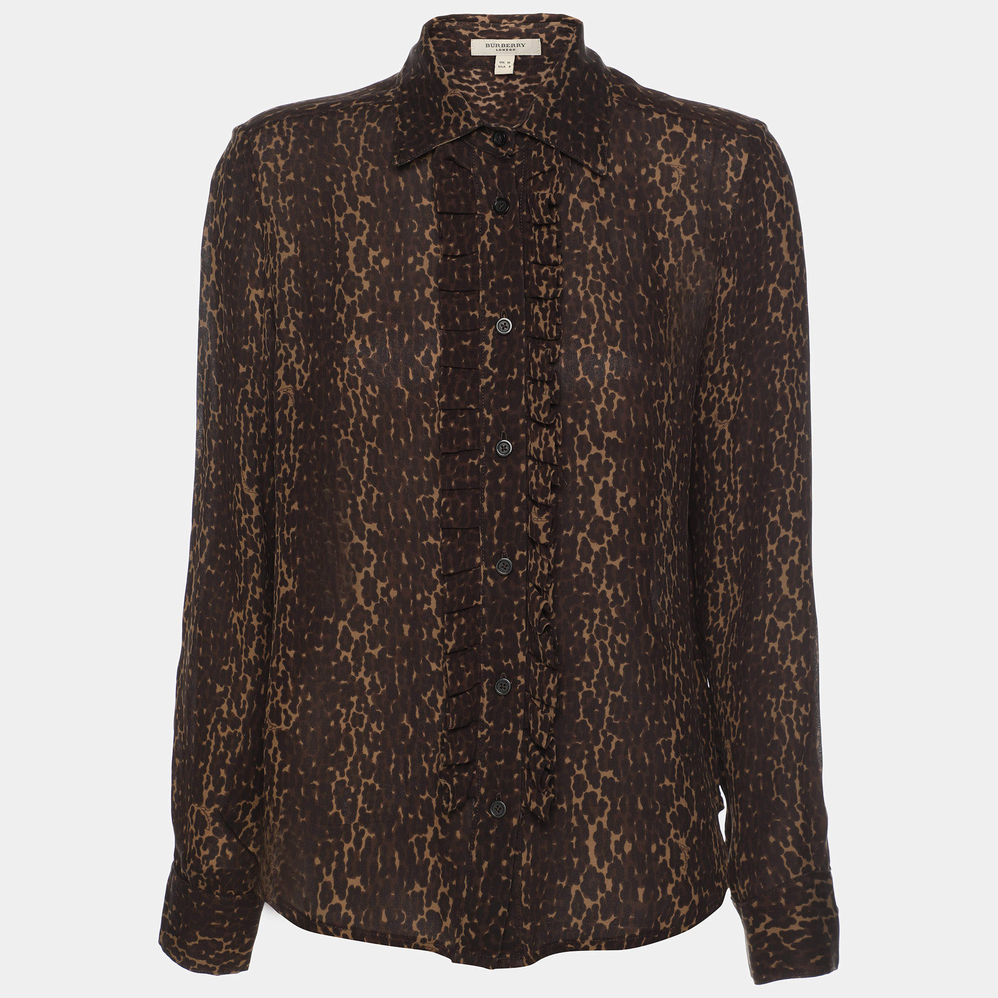 Burberry Brown Animal Print Silk Ruffle Detail Button Front Top M