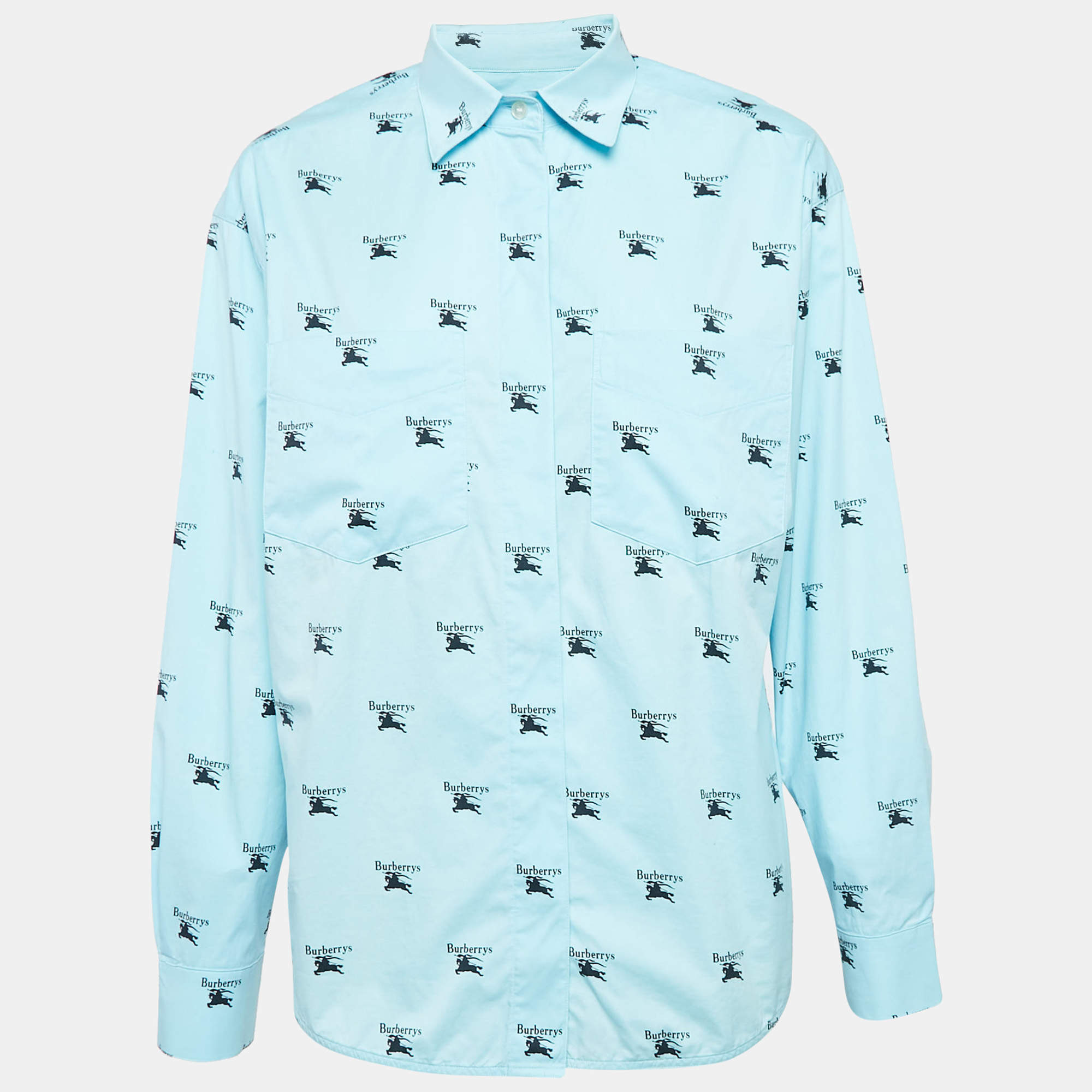 Pre Owned Burberry Blue Logo Print Cotton Oversized Shirt S