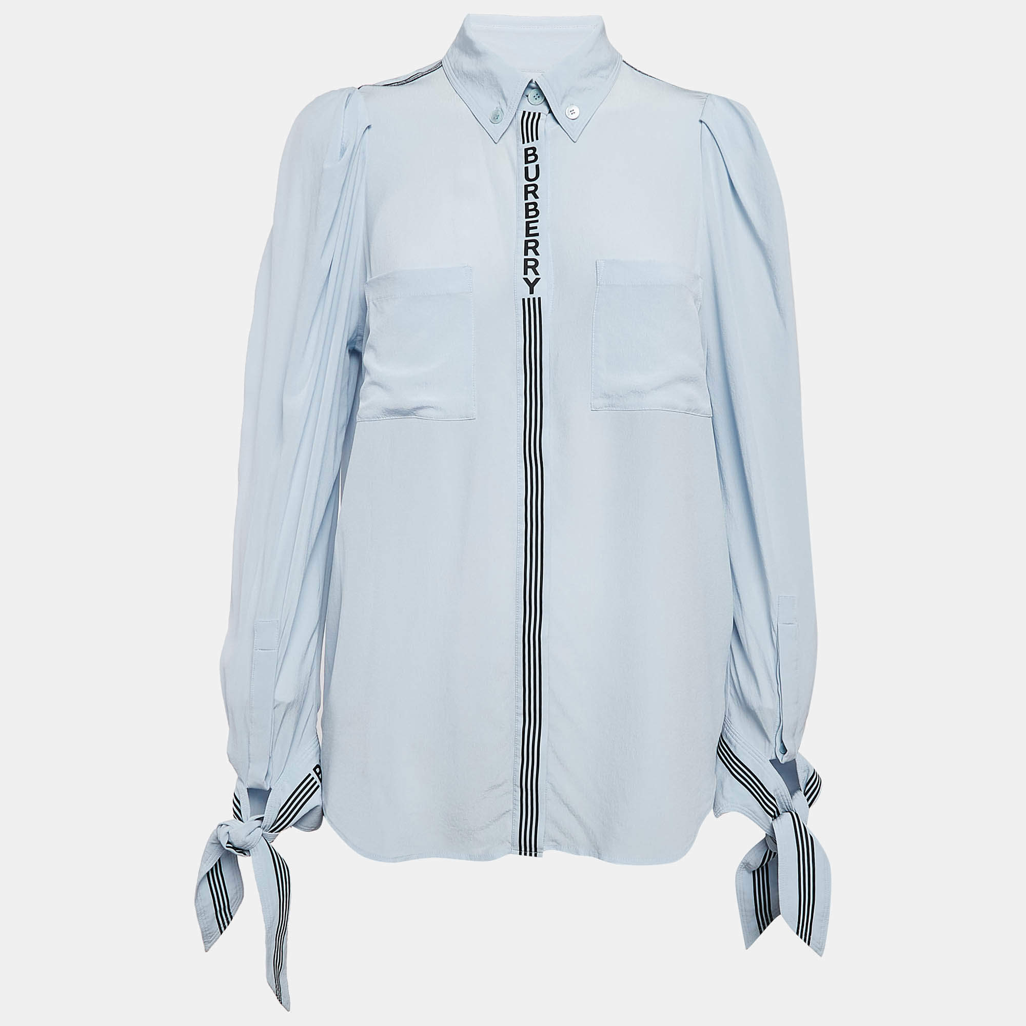Pre Owned Burberry Light Blue Logo Print Silk Tie-Up Cuff Shirt S