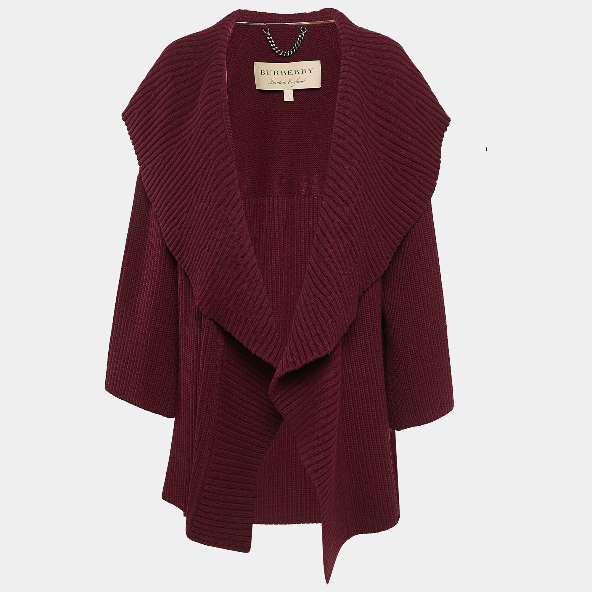 Pre Owned Burberry Burgundy Rib Knit Shawl Collar Cardigan XL