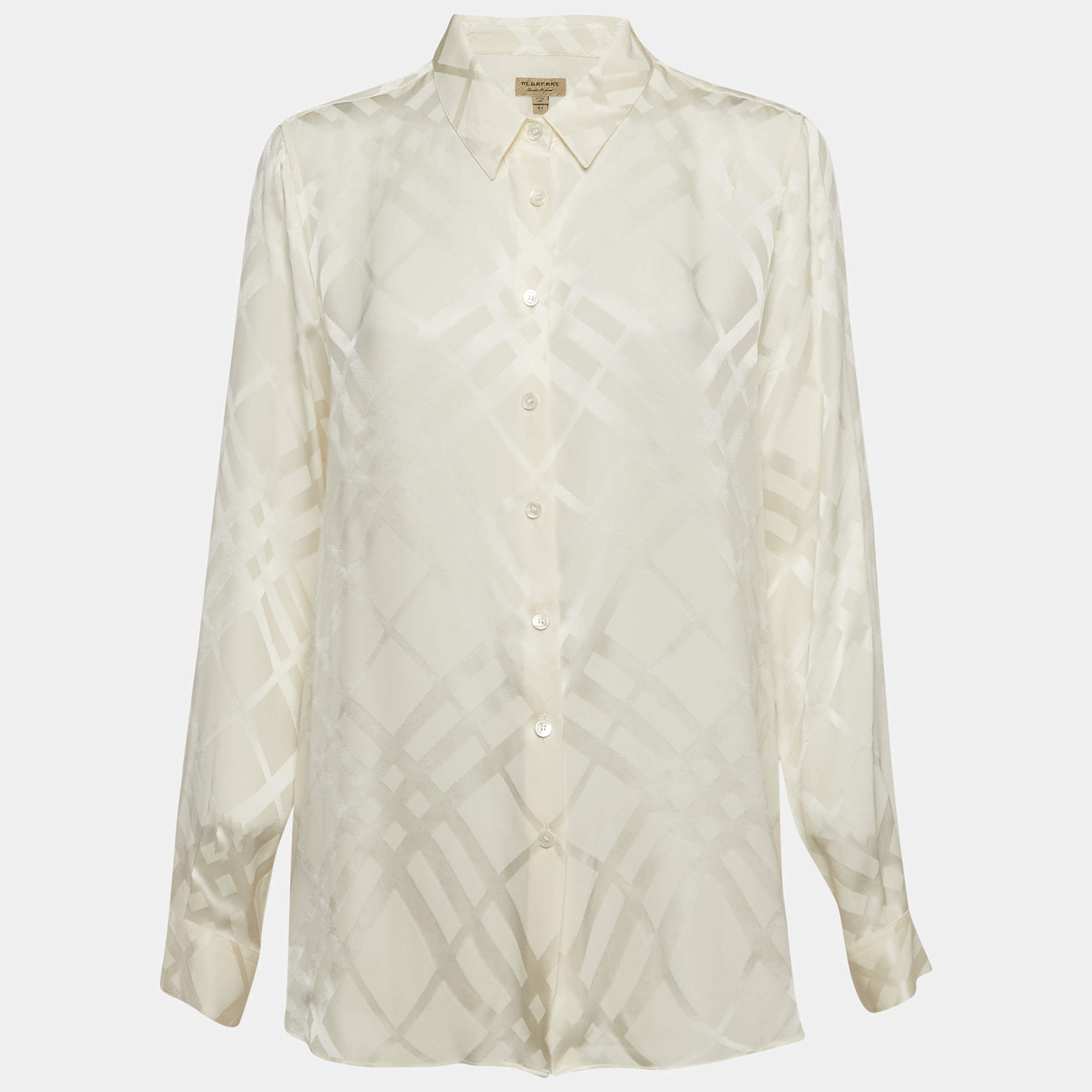 Pre Owned Burberry Cream Checks Pattern Satin Silk Long Sleeve Shirt L