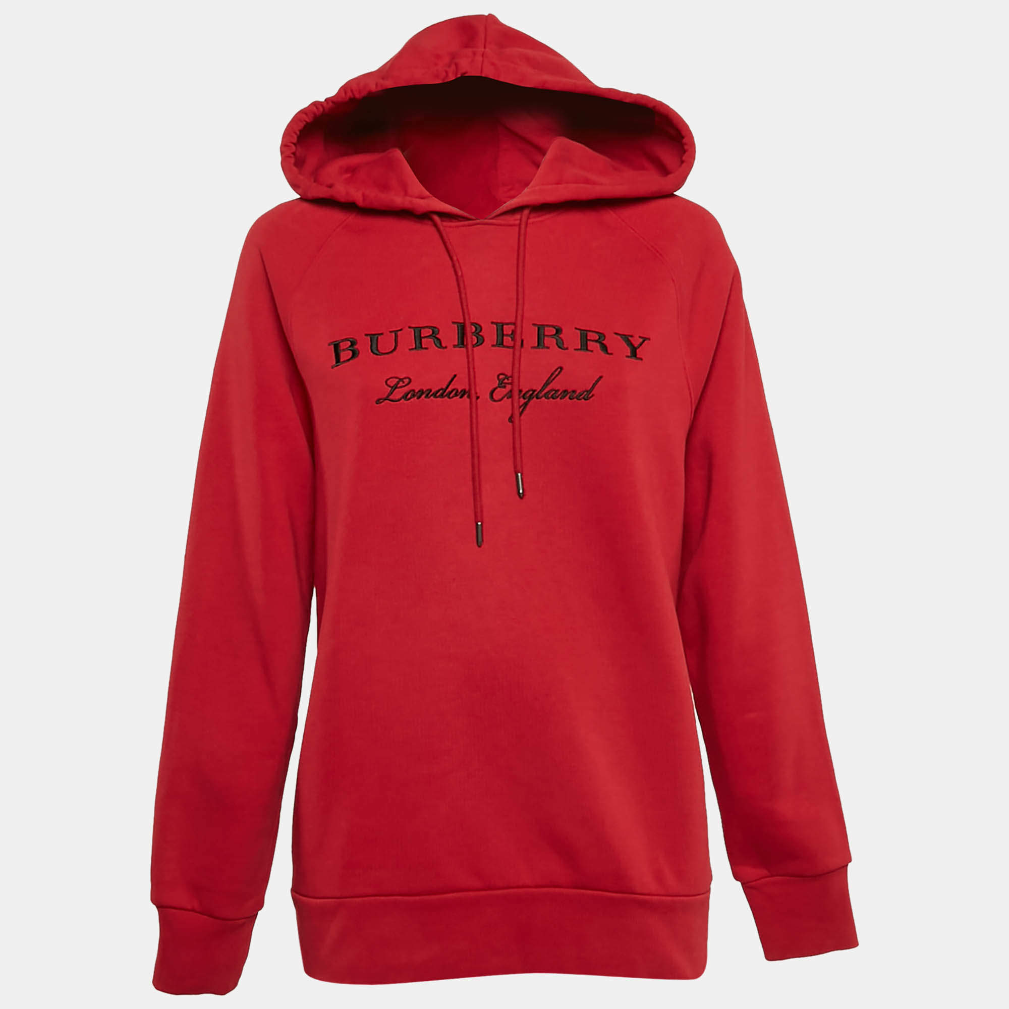 Pre Owned Burberry Red Krayford Embroidered Cotton Knit Hoodie S