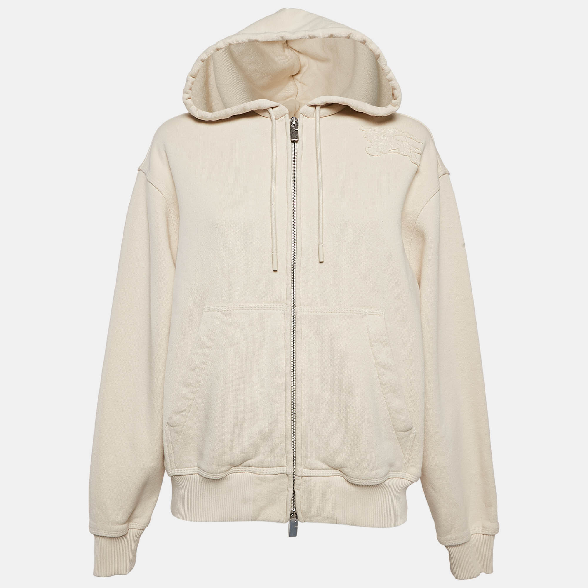 Pre Owned Burberry Beige Logo Applique Cotton Knit Zip-Up Hoodie M