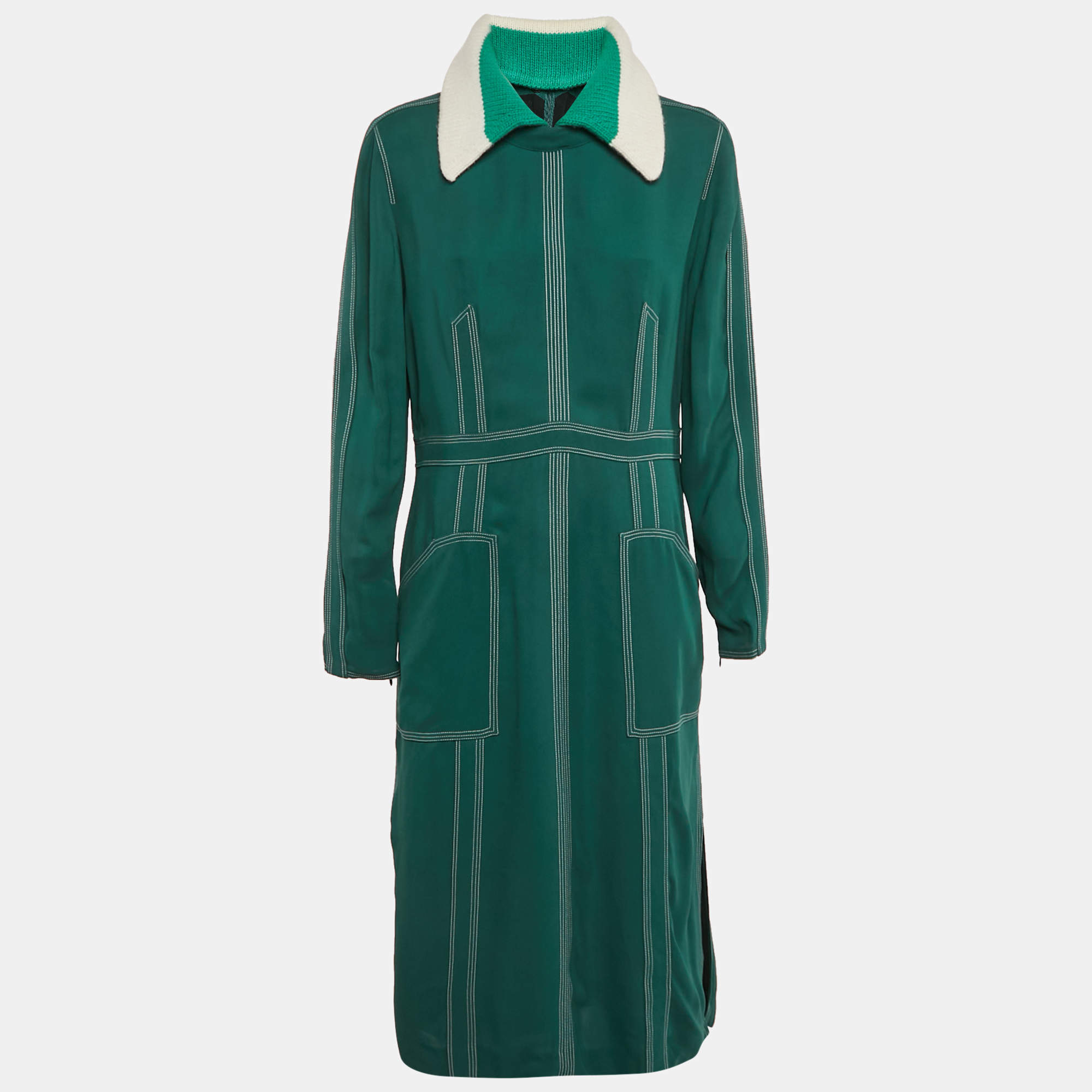Pre Owned Burberry Green Crepe Detachable Knit Collar Midi Dress L