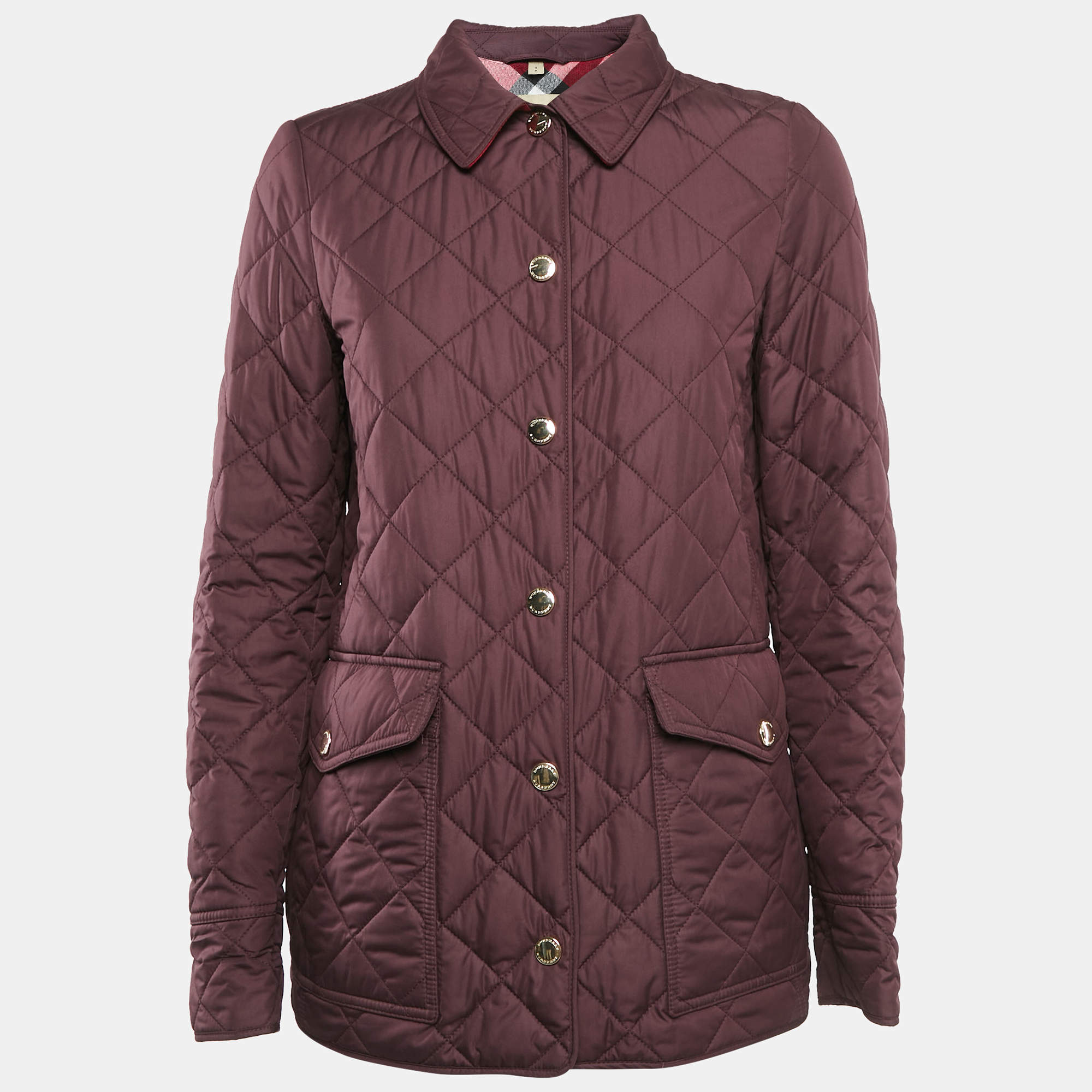 Burberry Burgundy Nylon Button Front Diamond Quilted Jacket S