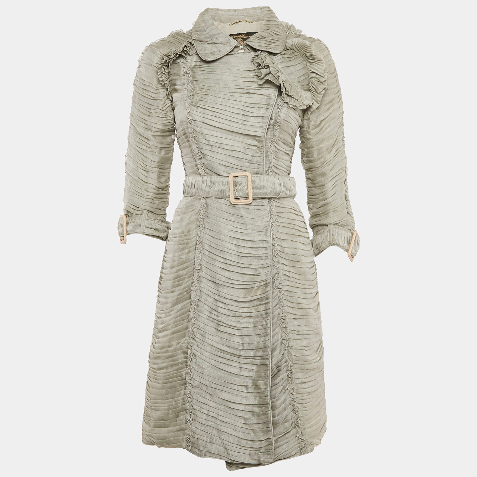 Burberry Grey Silk Blend Ruffle Detail Belted Coat S
