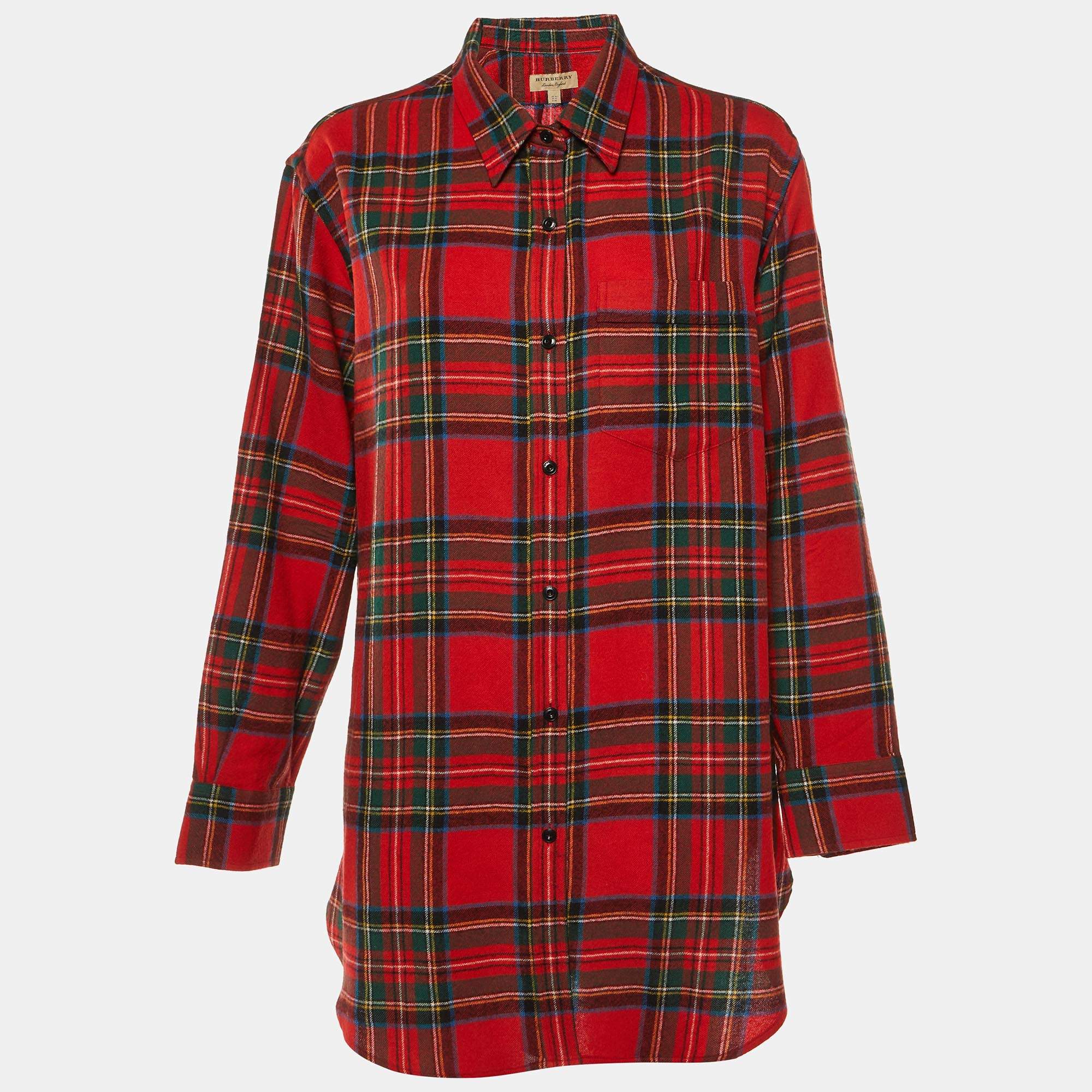 Pre Owned Burberry Red Plaid Check Wool Button Front Shirt L