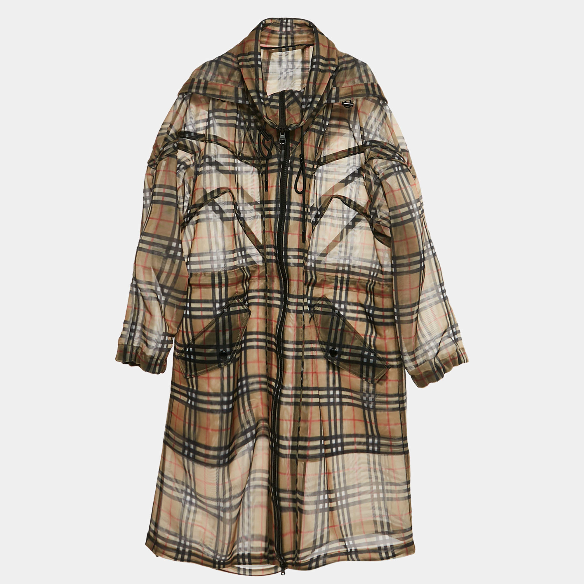 مملوكة مسبقًا Burberry Brown Tartan Check Tulle Zip-Up Parka Coat M