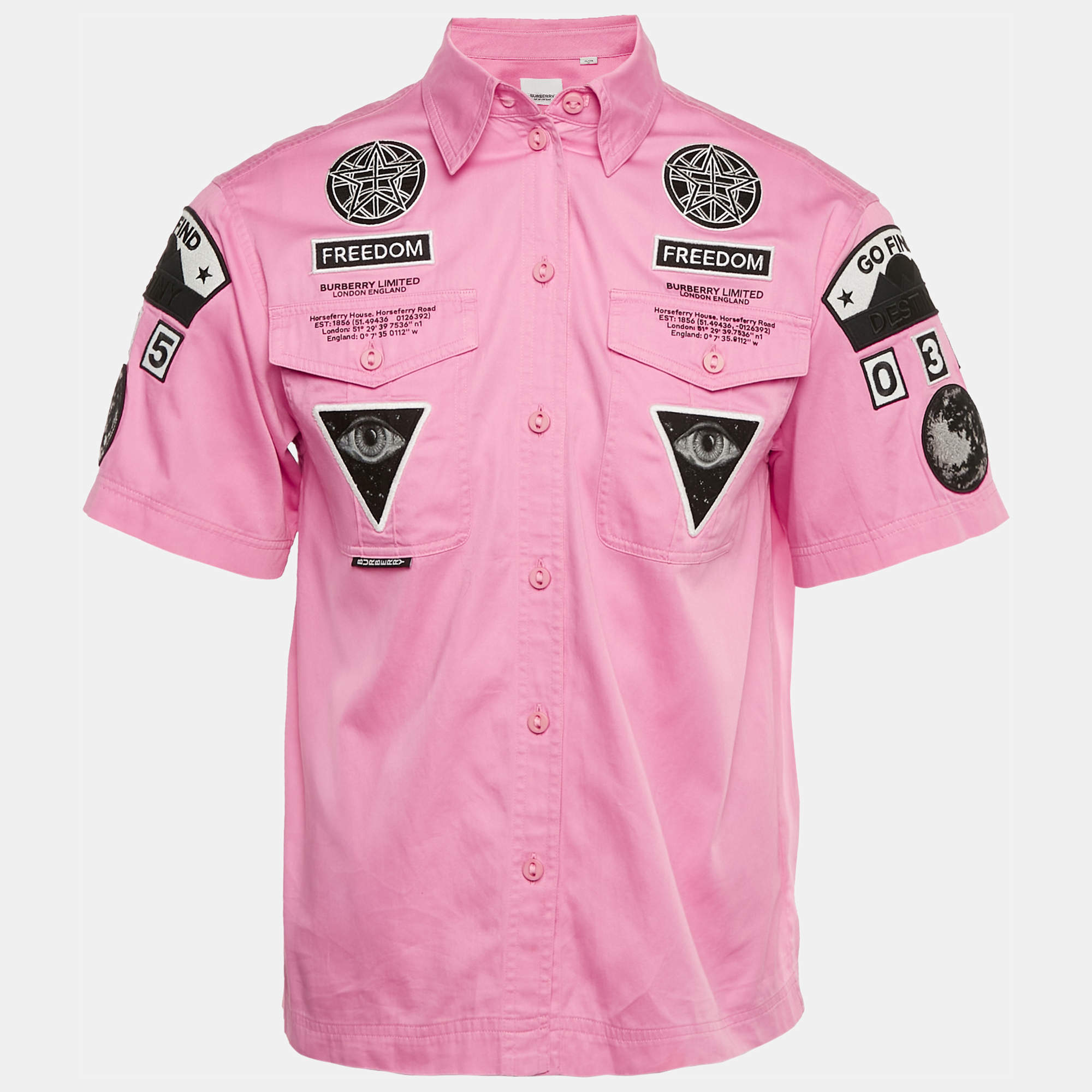 Pre Owned Burberry Pink Applique Cotton Short Sleeve Shirt S