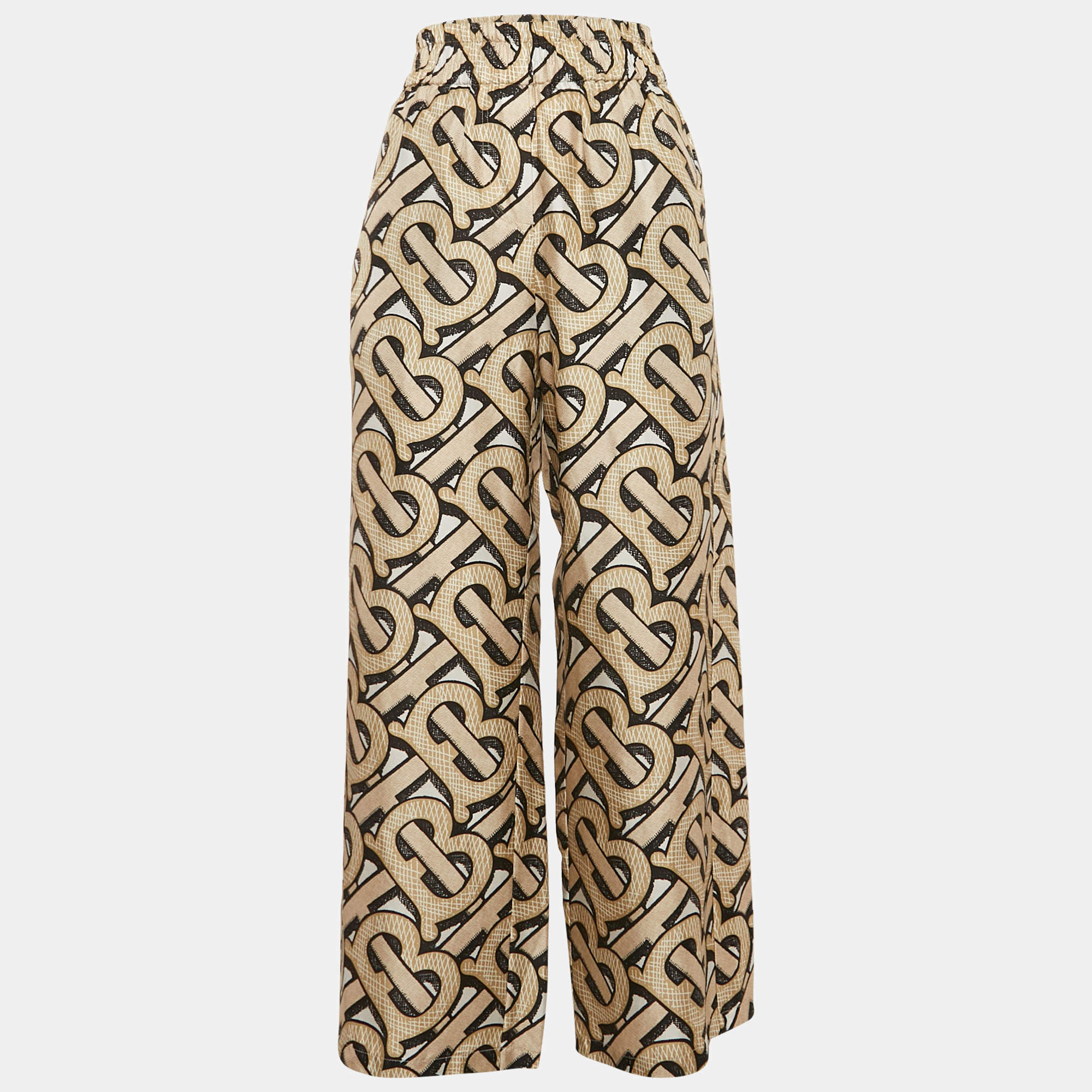 Pre Owned Burberry Beige TB Monogram Print Wide-Leg Trousers XS