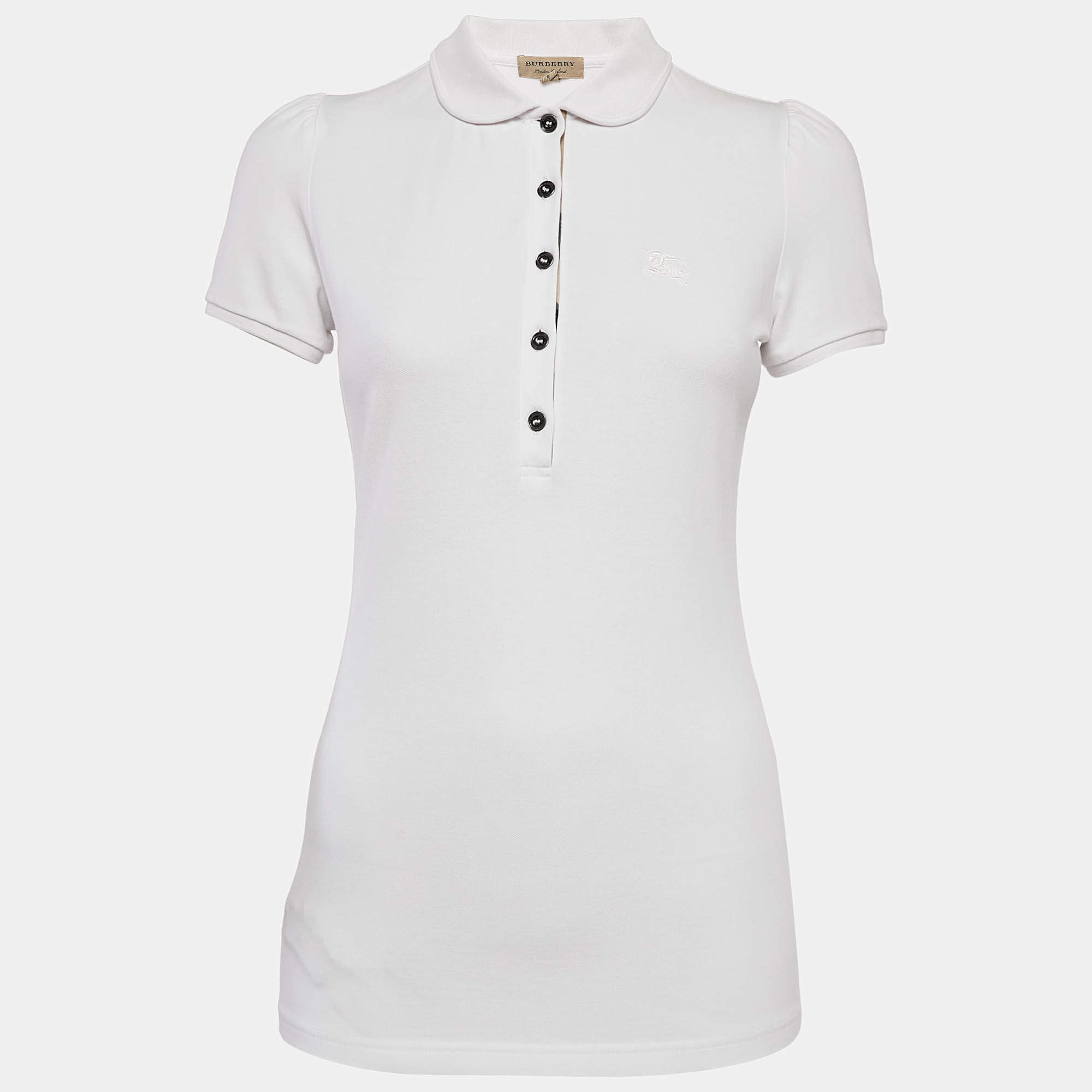 Pre Owned Burberry White Cotton Pique Puff Sleeve Polo T-Shirt S