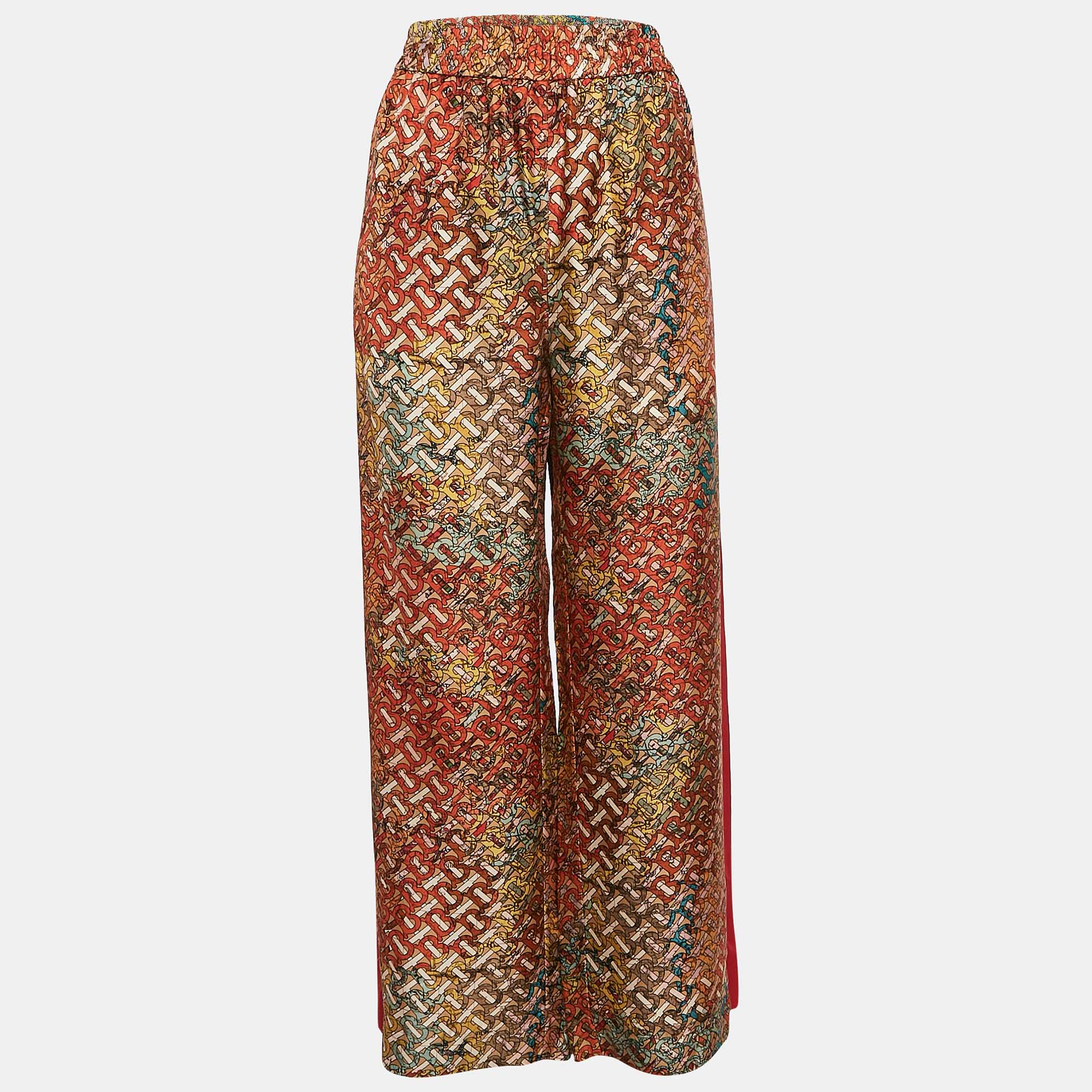 مملوكة مسبقًا Burberry Orange TB Monogram Silk Wide-Leg Pants M