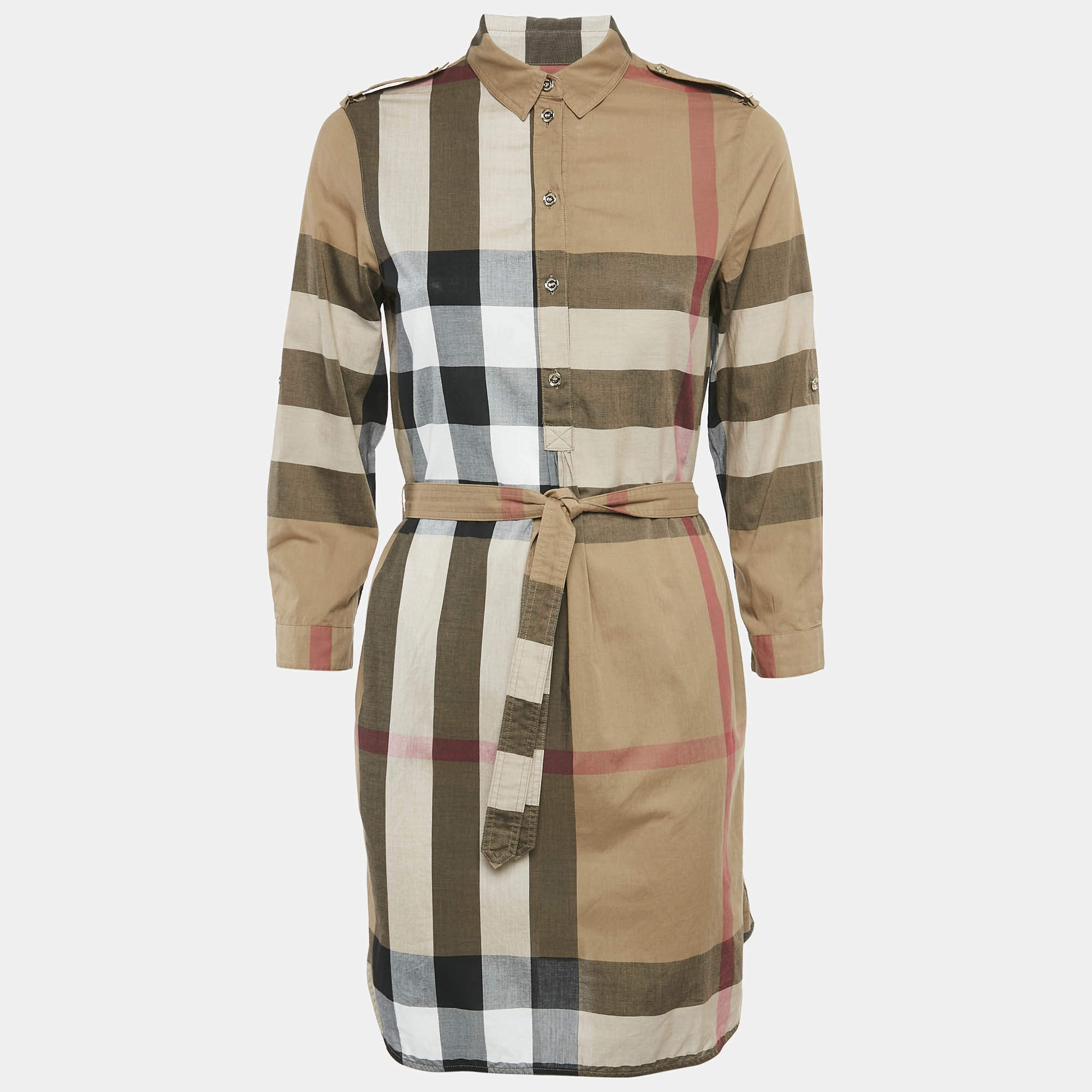 Pre Owned Burberry Brown Tartan Check Cotton Belted Mini Dress S