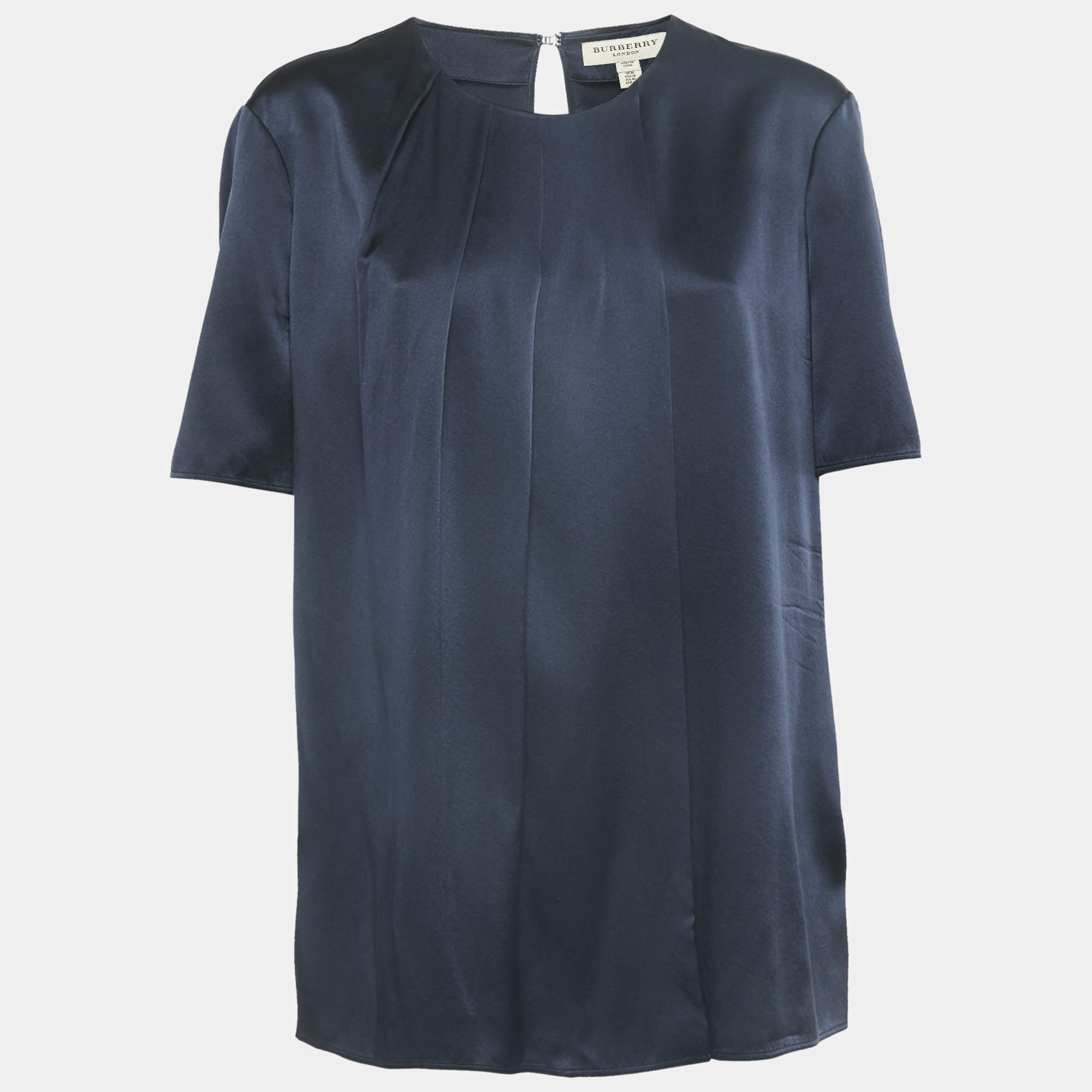 Burberry Navy Blue Satin Silk Faux Pleat Detail Top L