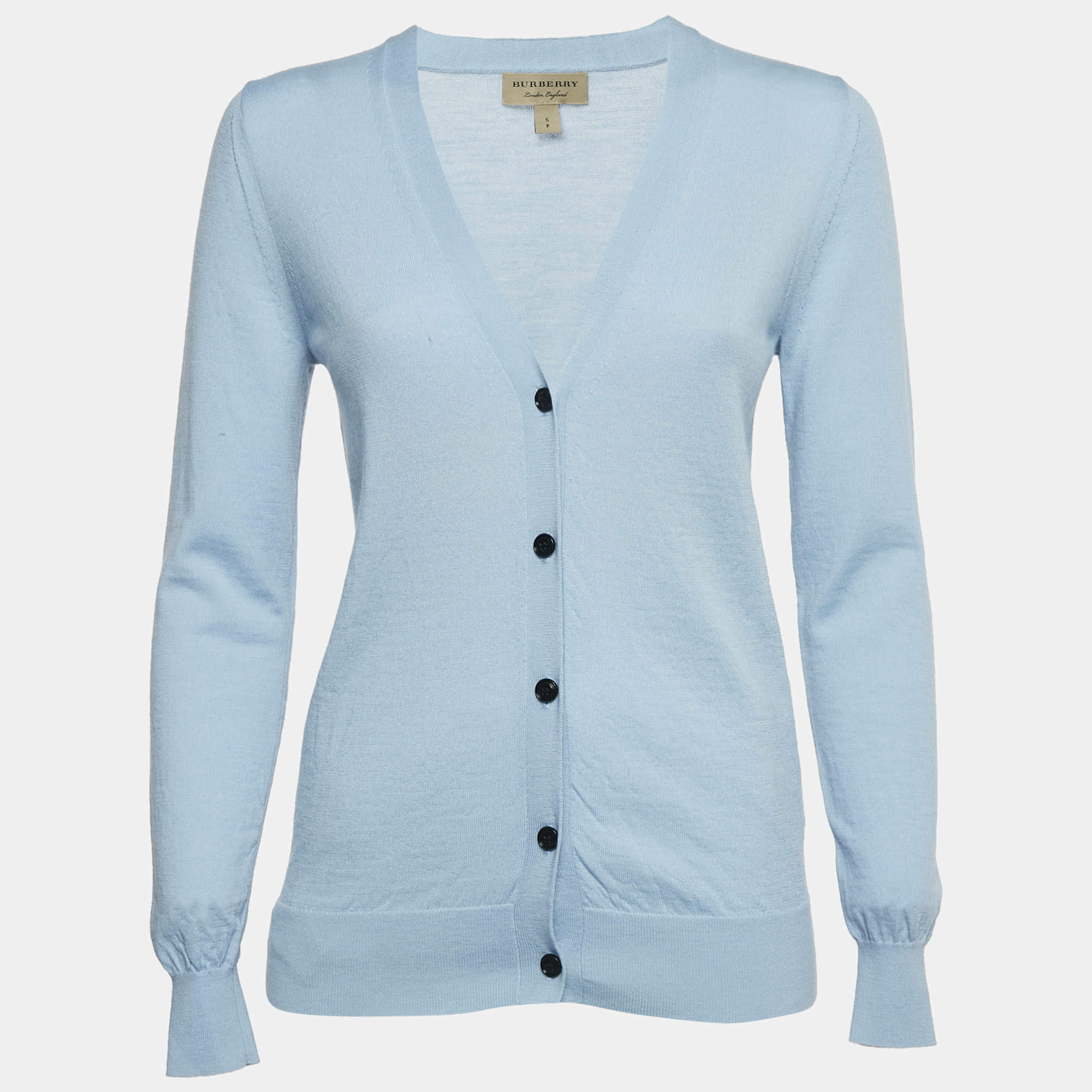 Burberry Blue Merino Wool Patch Detail Button Front Cardigan S