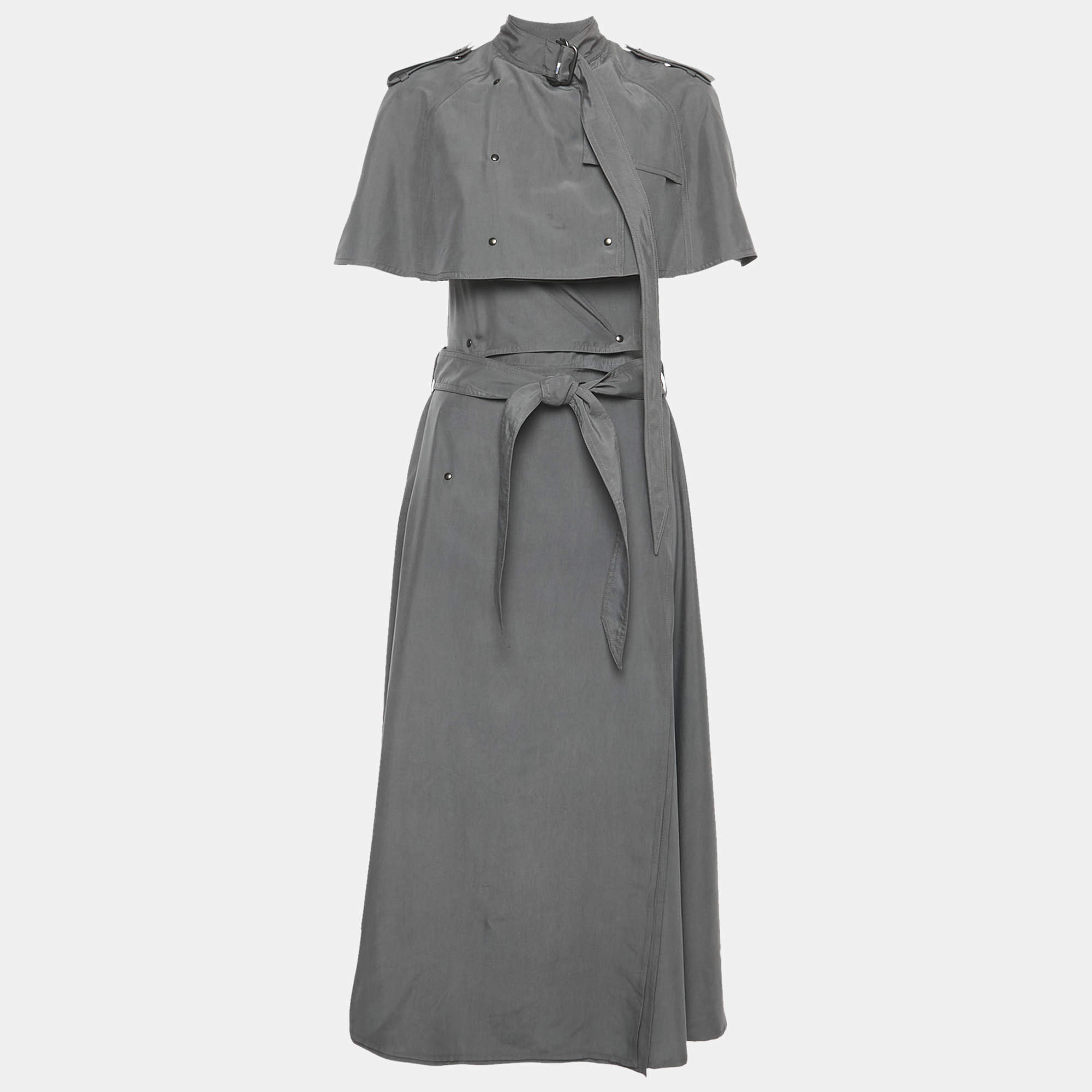 Burberry Grey Taffeta Silk Capelet Trench Dress S