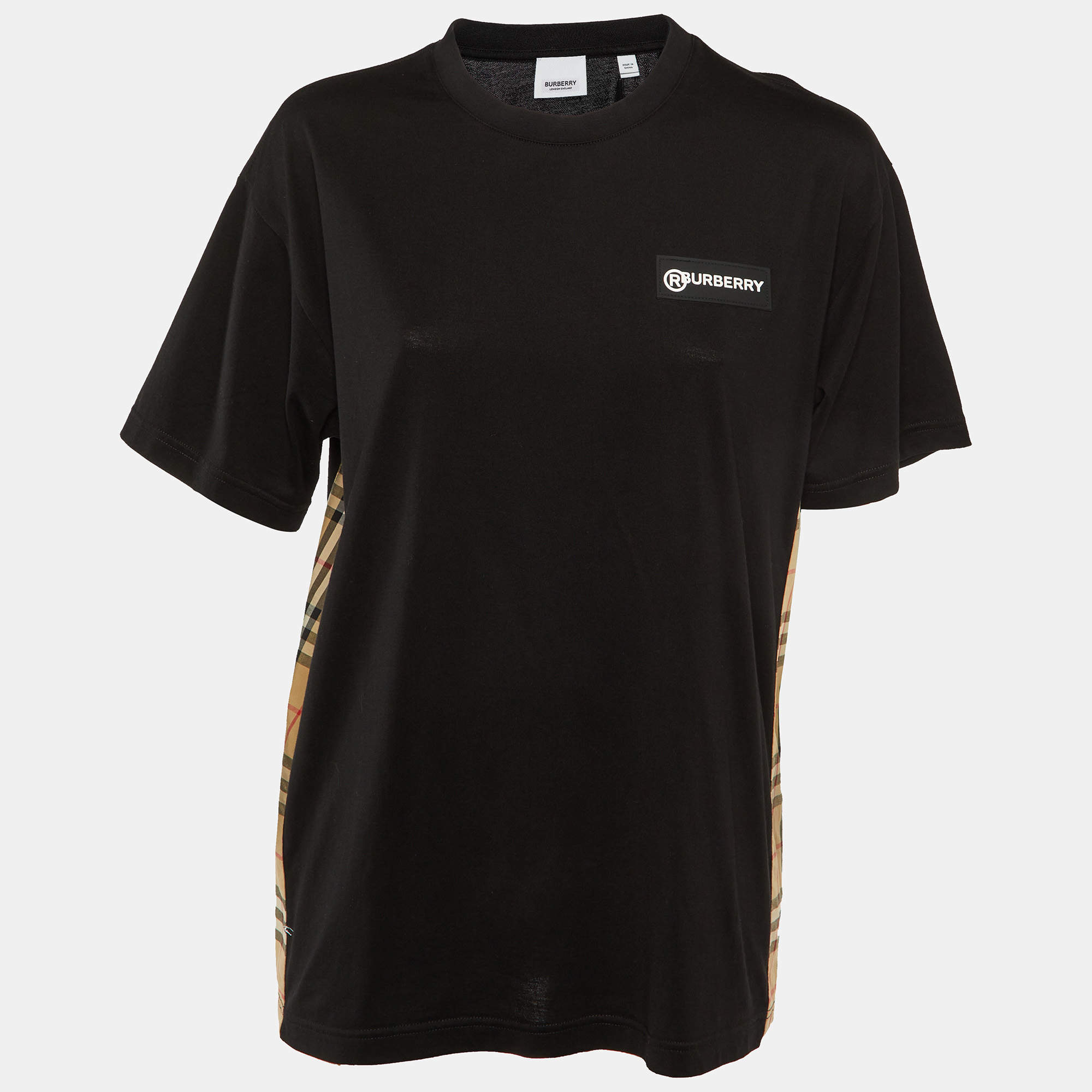 Burberry Black Cotton Check Paneled Oversized T-Shirt S