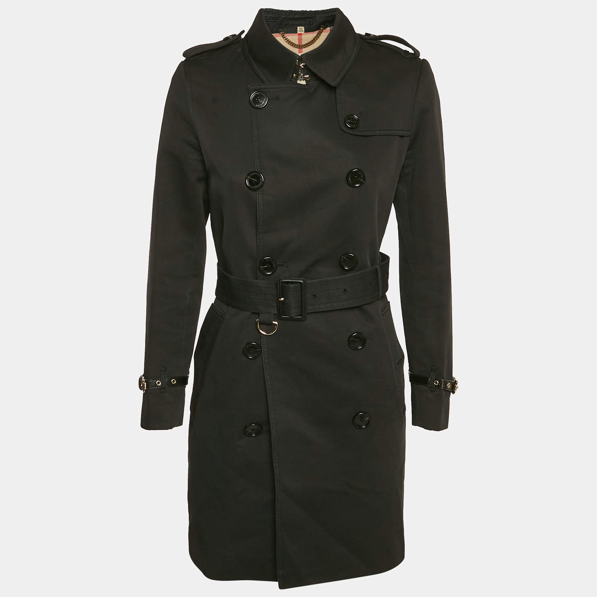 Pre Owned Burberry Black Cotton Double Breasted Belted Trench Coat S