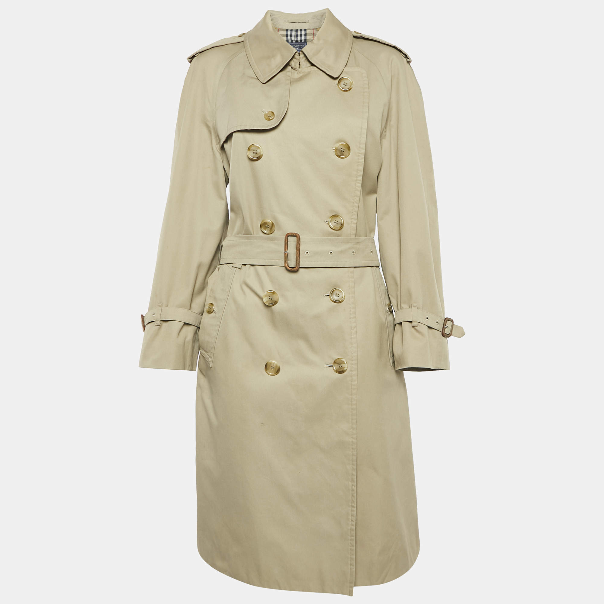 Pre Owned Burberrys' Vintage Beige Cotton Double Breasted Belted Trench Coat L
