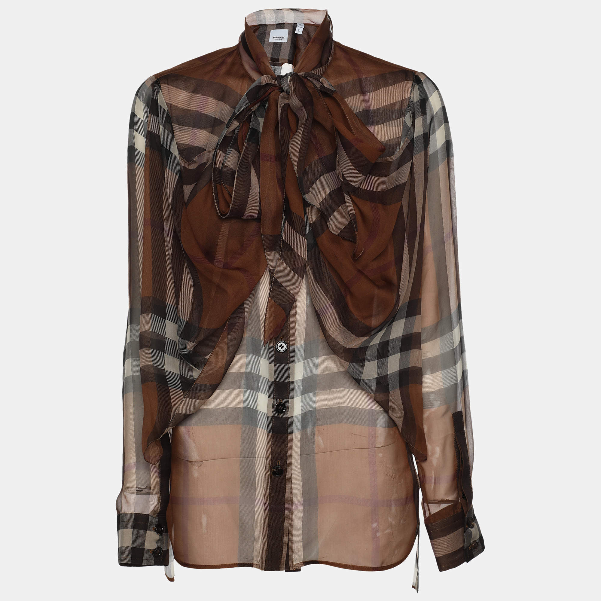 Pre Owned Burberry Brown Check Silk Button Front Blouse XS