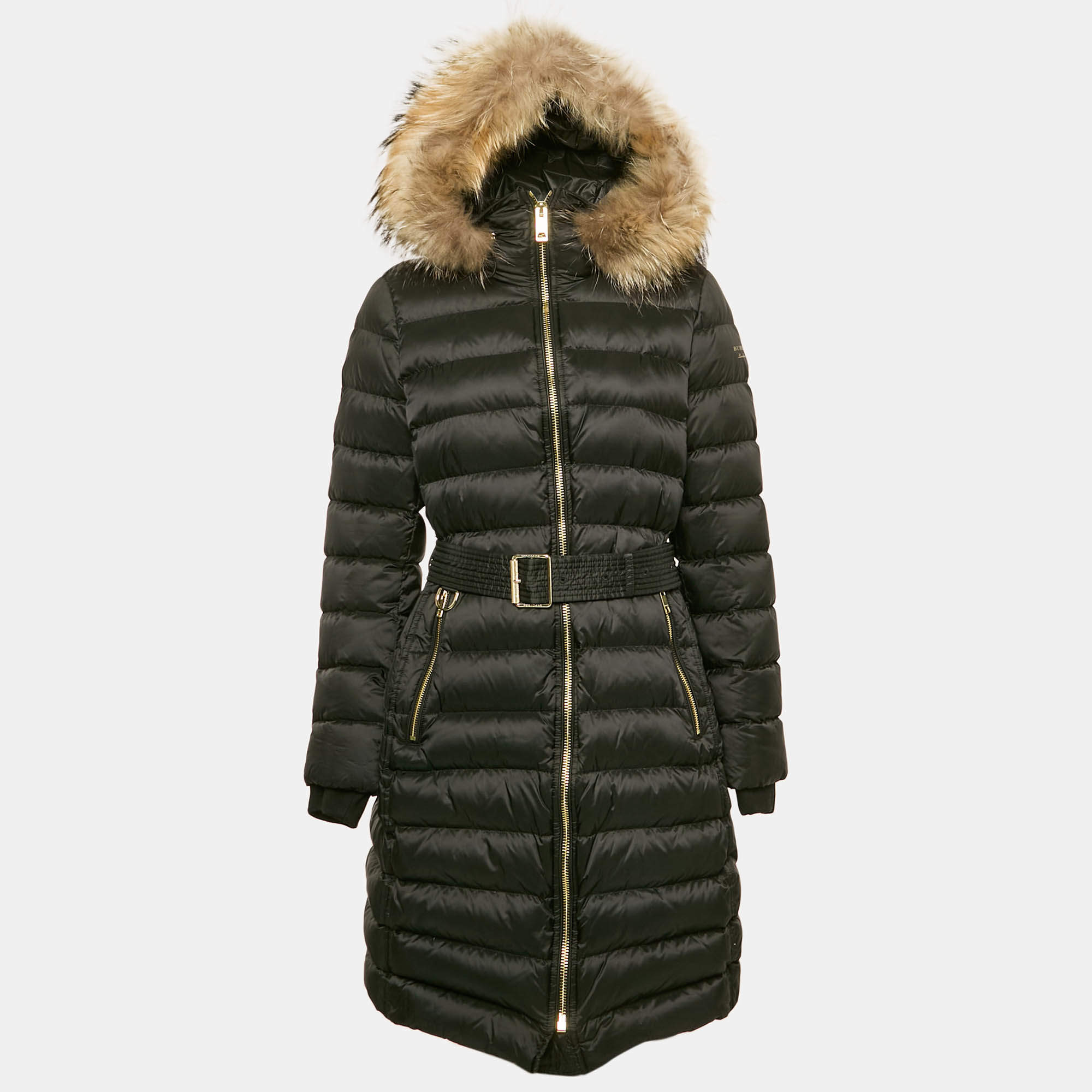 Burberry Black Nylon Real Fur Trim  Limefield Down Coat L