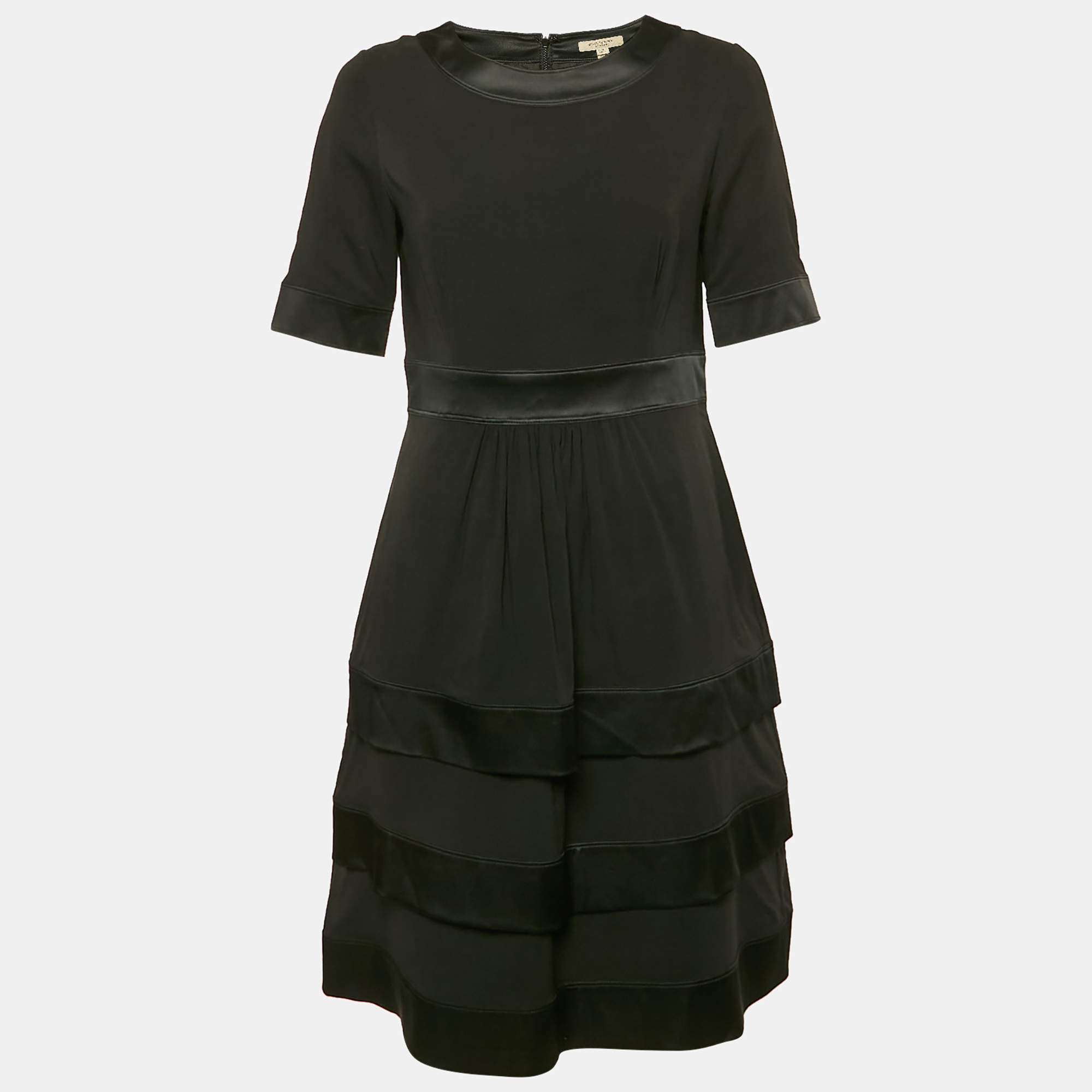Pre Owned Burberry Black Satin Trim Silk Tiered Mini Dress S