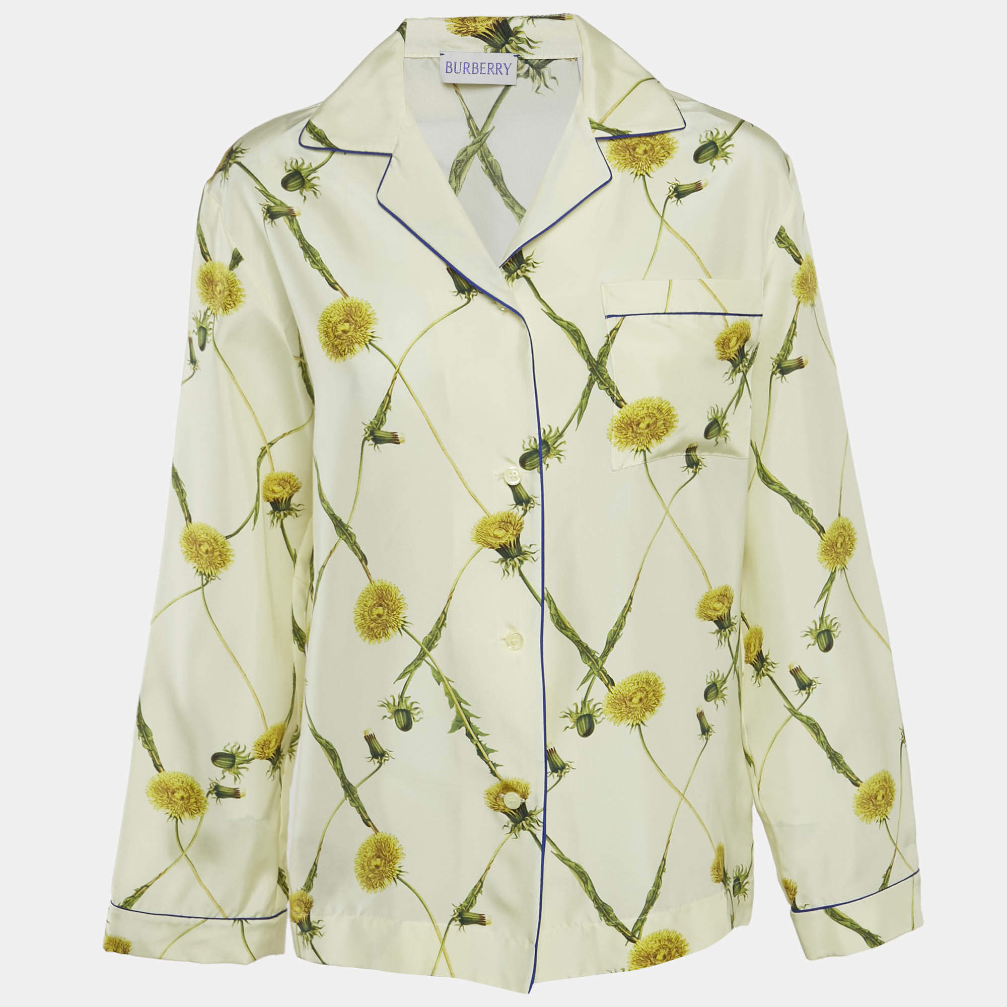 Pre Owned Burberry Yellow Dandelion-Print Silk Pyjama Shirt XS