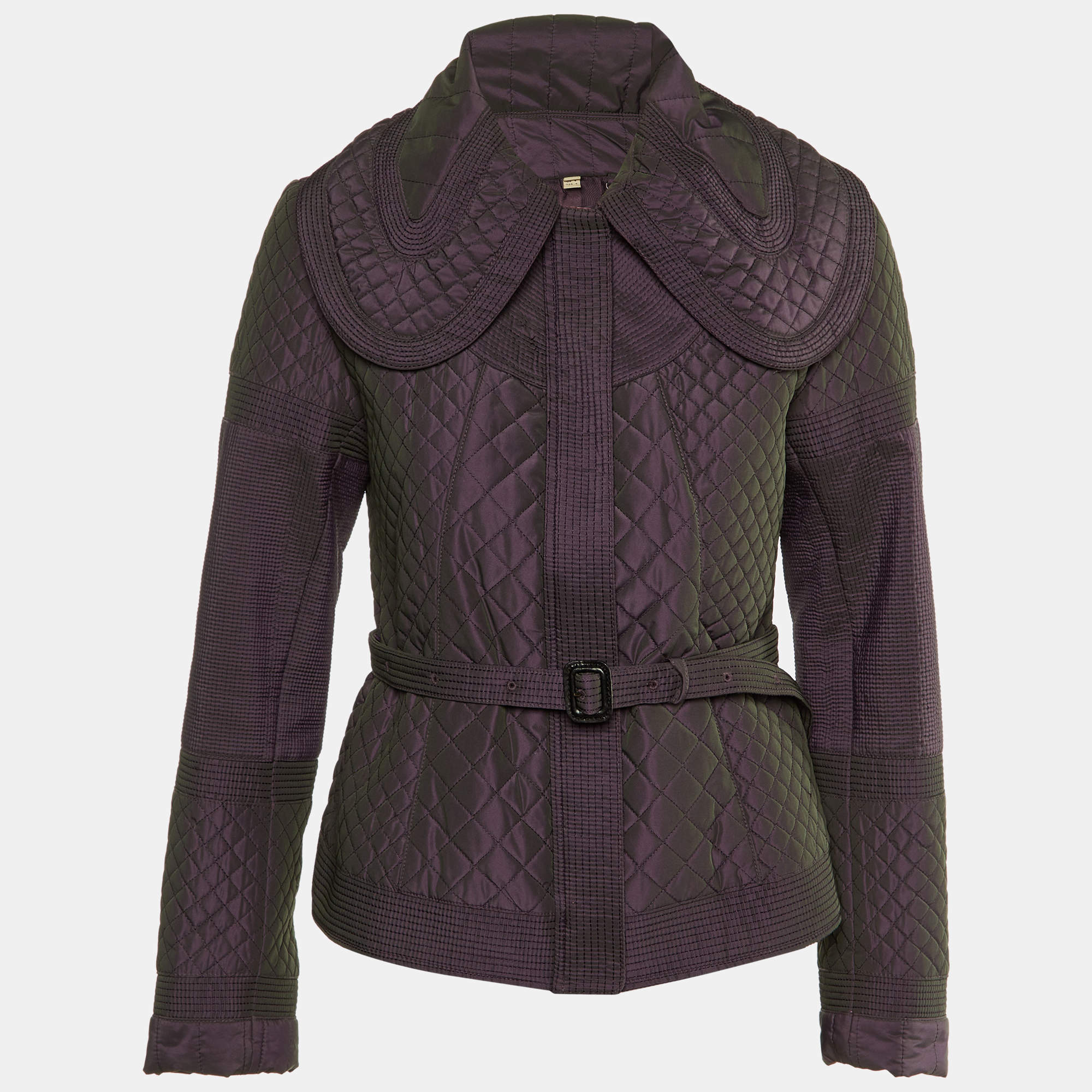 Burberry Purple Synthetic Quilted Zip Froont Belted Jacket S