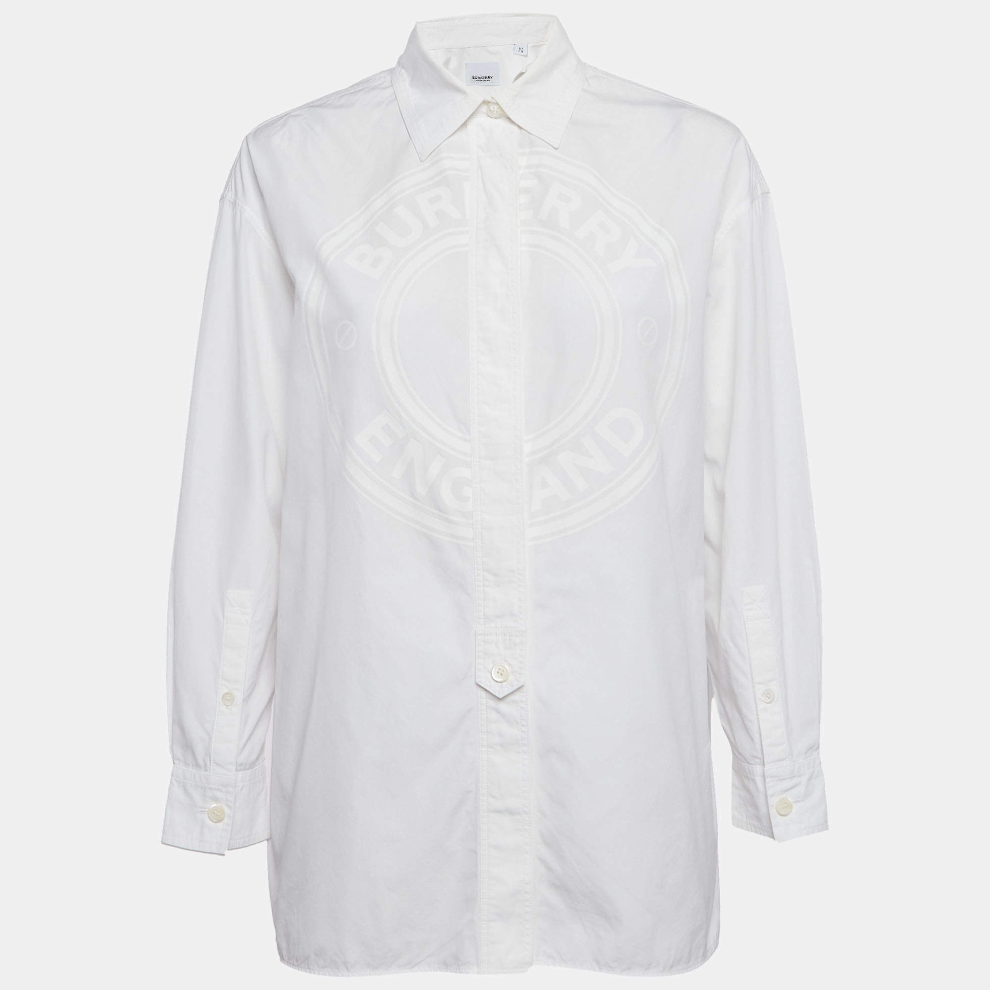 Burberry White Logo Print Cotton Oversized Shirt XS