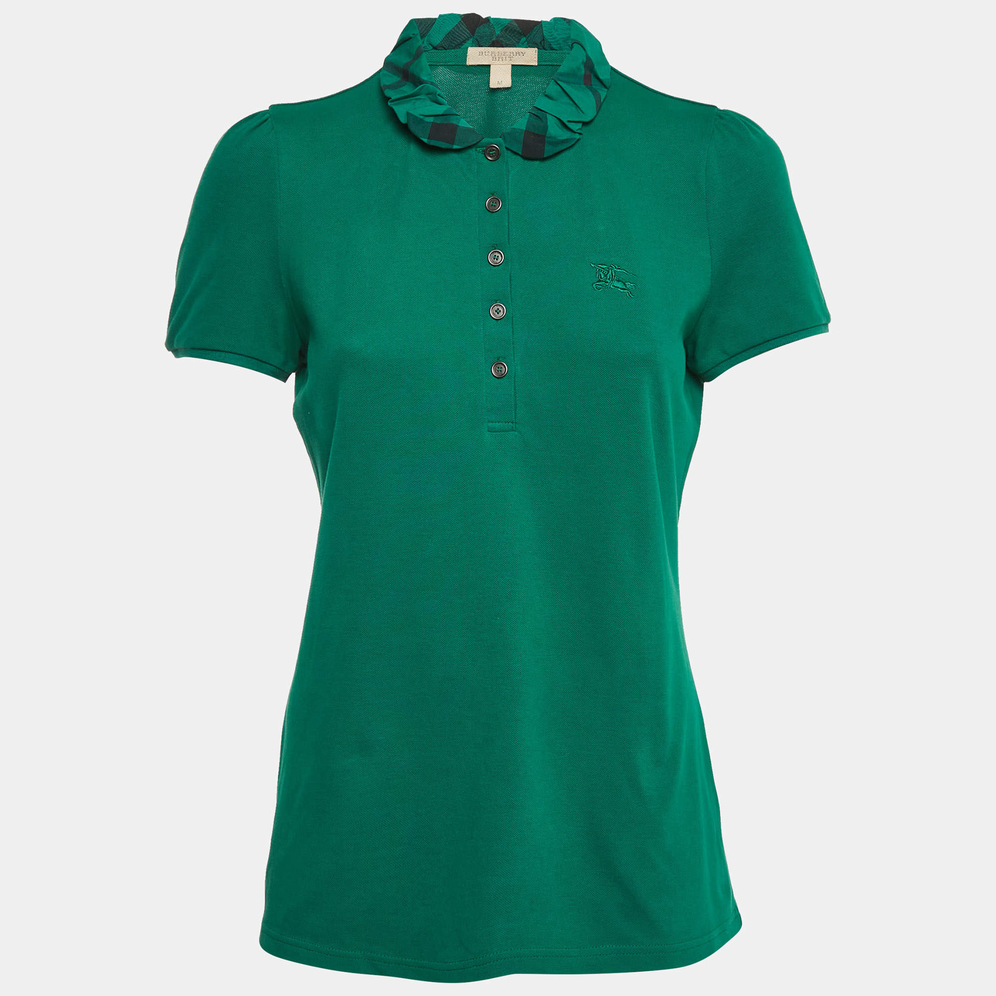 Pre Owned Burberry Green Checks Collar Cotton Pique T-Shirt M