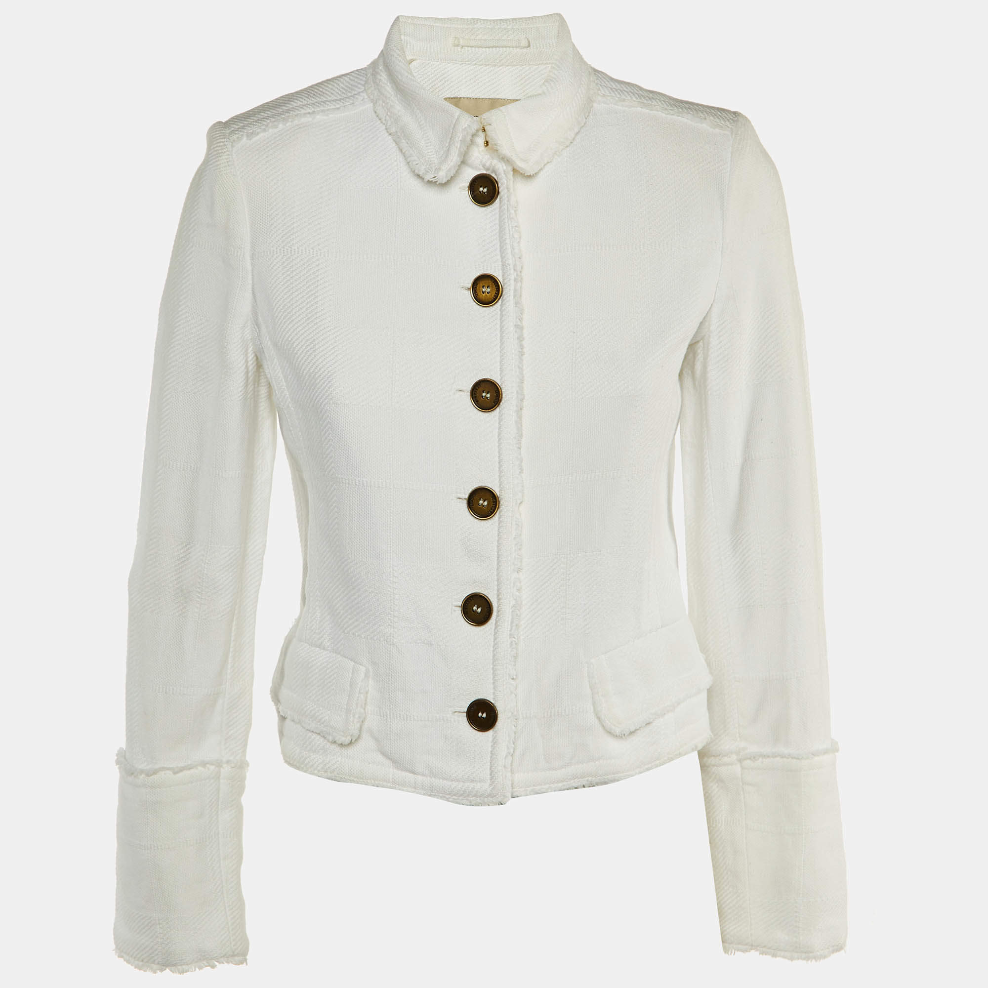Burberry White Cotton Fringed Button Front Jacket S