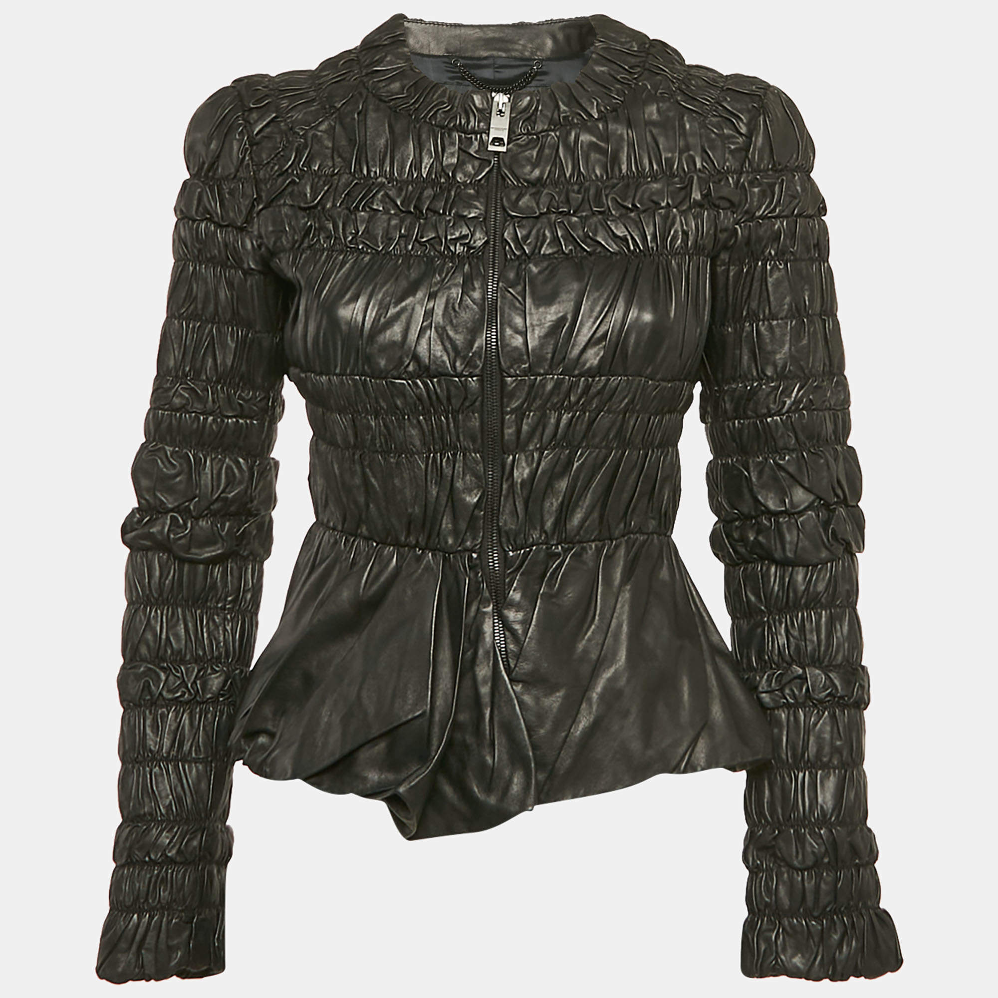 Burberry Black Leather Ruched Zip-Up Jacket S