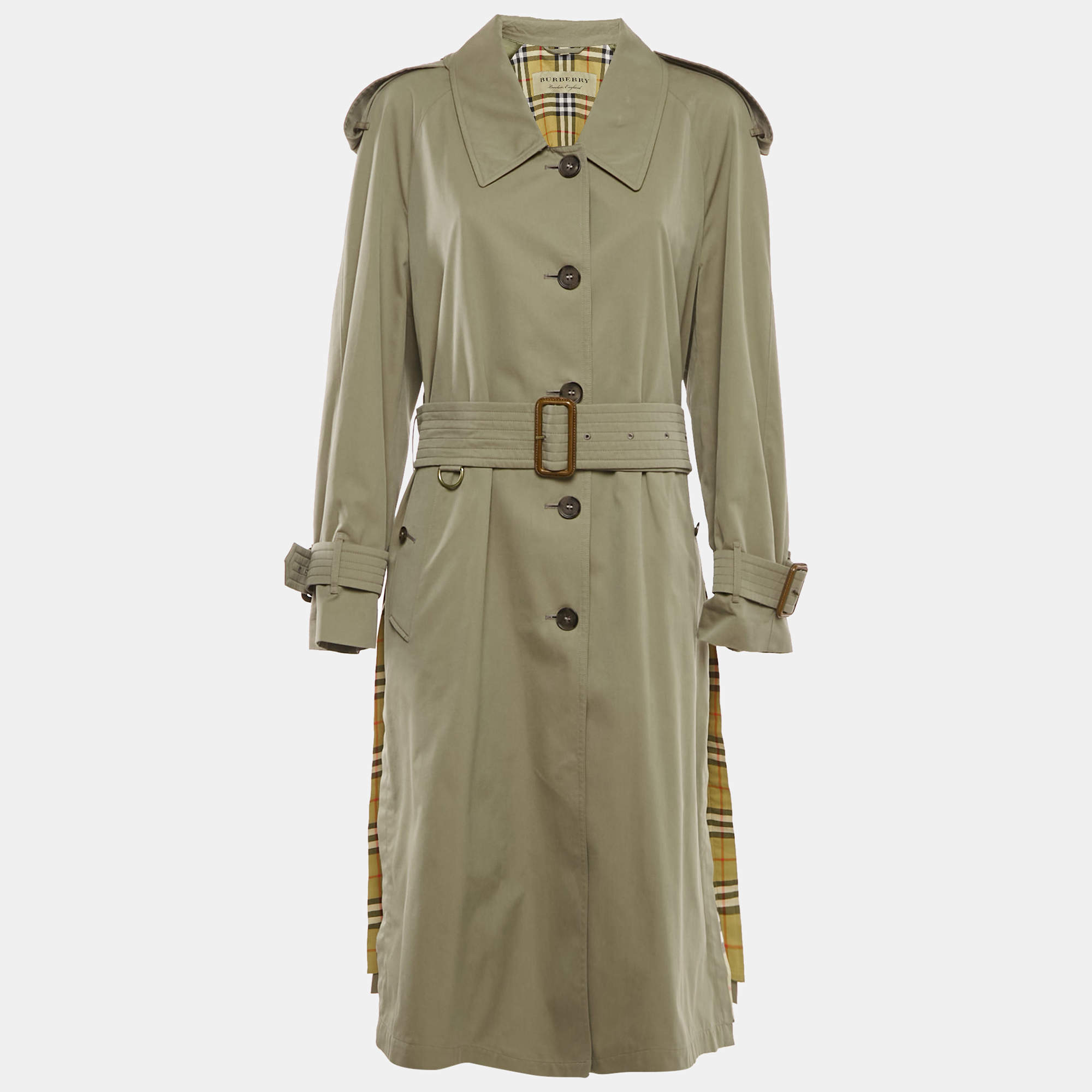 Pre Owned Burberry Green Gabardine Belted Long Coat L