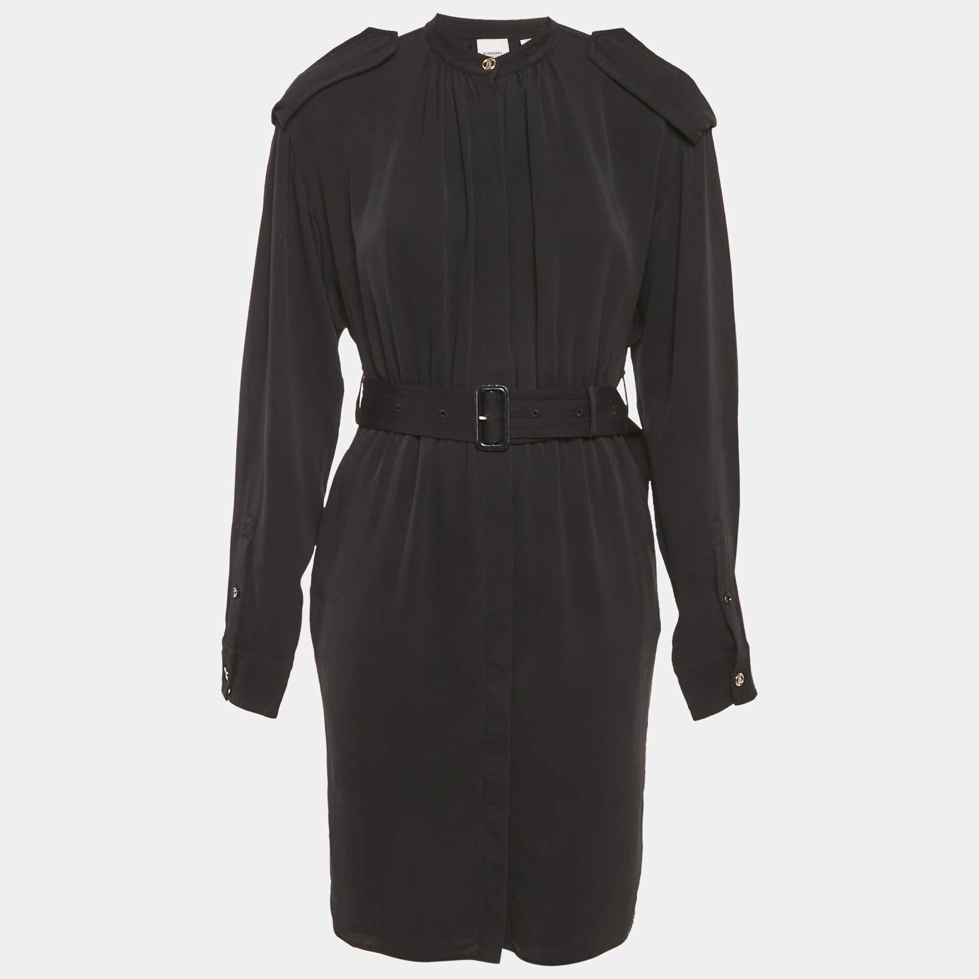 Pre Owned Burberry Black Chiffon Belted Midi Dress S