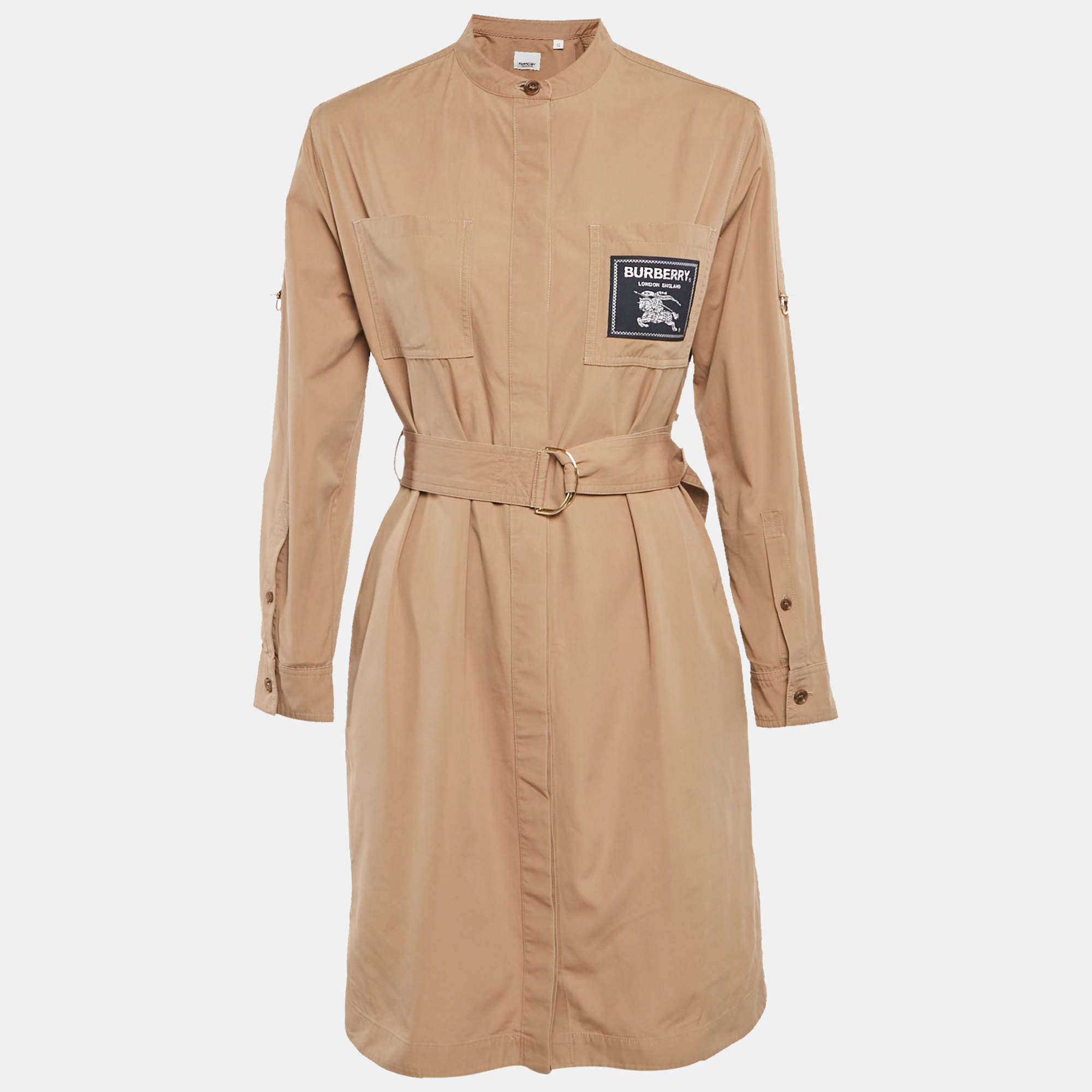 Pre Owned Burberry Brown Cotton Label Detail Button Front Belted Short Dress XS