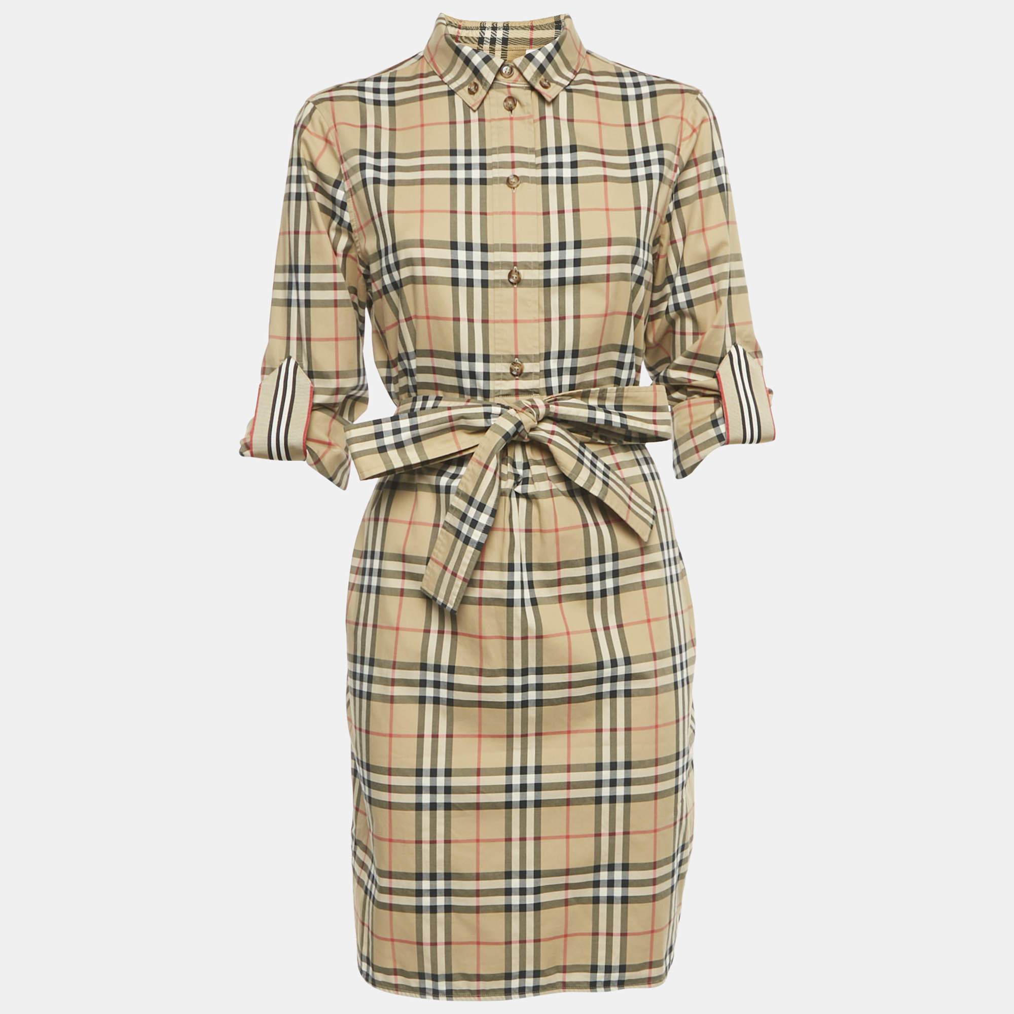 Pre Owned Burberry Beige Tartan Check Cotton Button Front Belted Short Dress M
